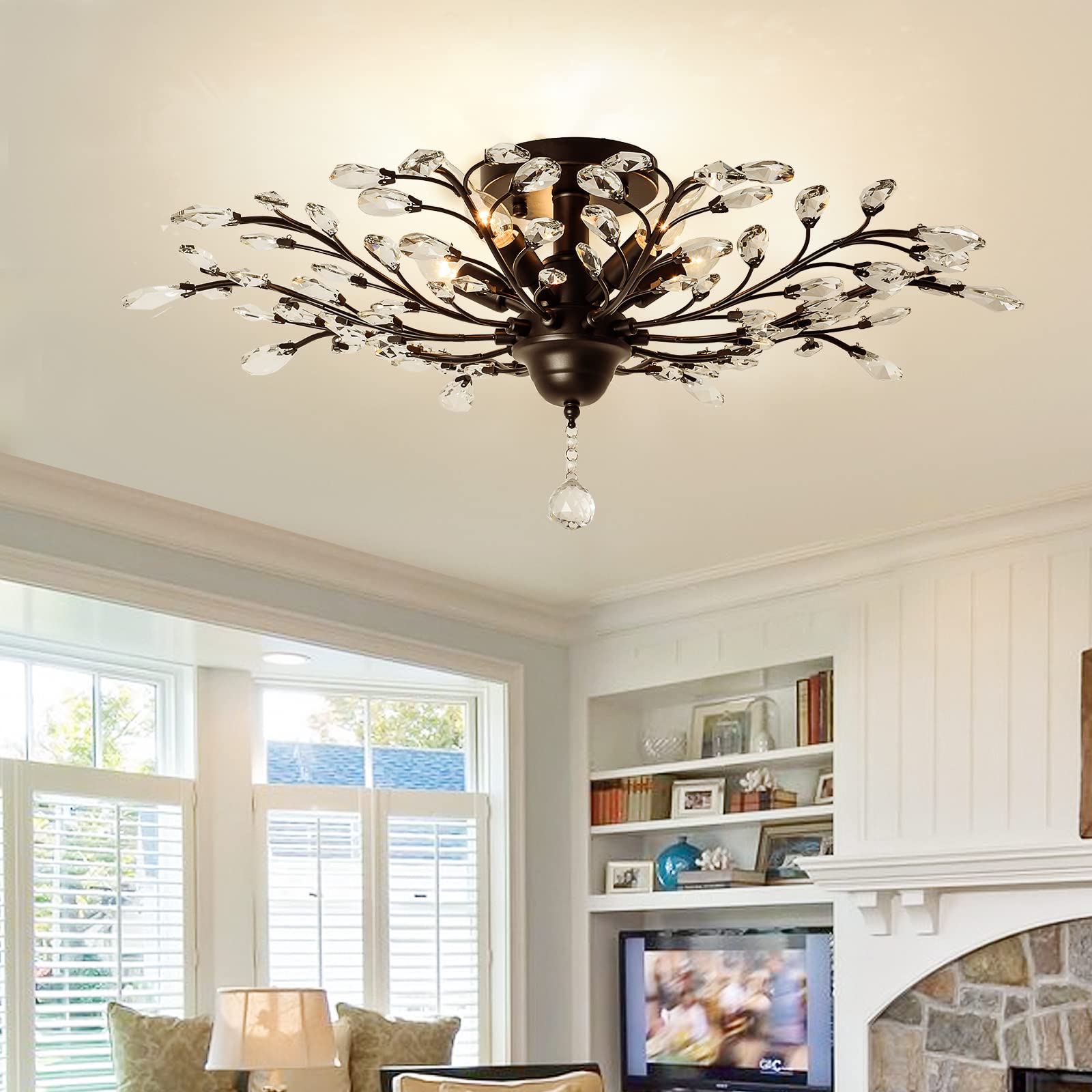 Vintage Crystal Chandelier - 5-Light LED Ceiling Fixture with K9 Clear Crystals - Black Modern Pendant Lighting for Living Room, Bedroom, Restaurant & Porch - Elegant Home Decor & Wedding Venue Lighting