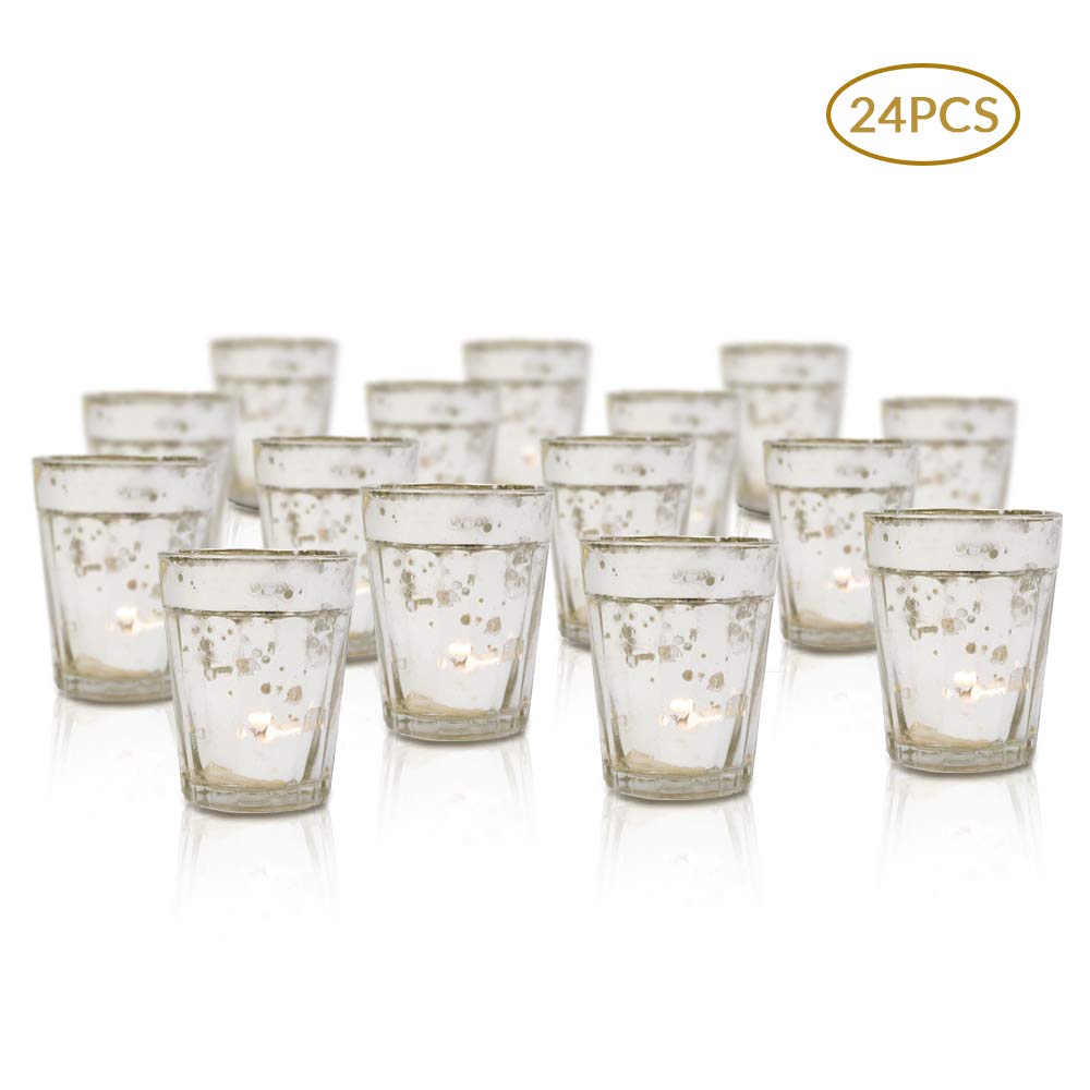 Vintage Mercury Glass Vase and Candle Holder Set of 24 - 3.25-Inch Silver Column Design for Tea Lights & Votive Candles | Wedding Centerpieces, Party Decor, Home Decoration | Perfect for Table Settings, Holiday Displays, and Romantic Ambiance