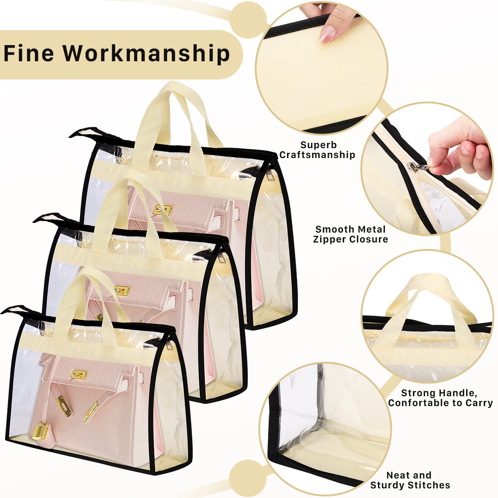 9 Pack Clear Zippered Dust Bags for Purses & Handbags - Waterproof Storage Organizer with Handles & Hooks for Closet Organization - Perfect for Travel, Luxury Bag Protection & Seasonal Storage