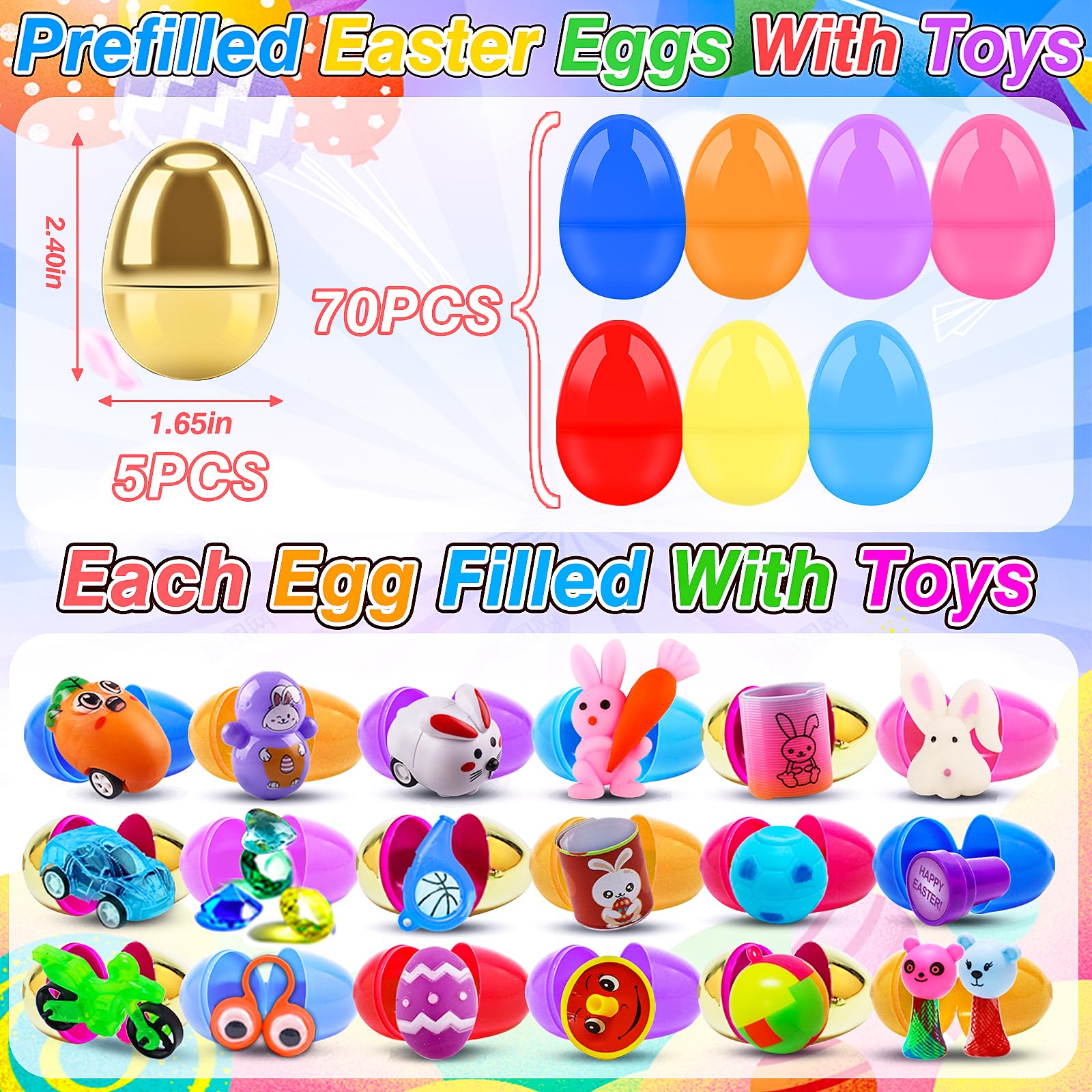75 PCS Prefilled Easter Eggs with Assorted Toys Inside - Easter Basket Stuffers for Kids, Easter Egg Hunt Prizes, Classroom Rewards & Party Favors - Perfect for Easter Celebrations, School Events & Holiday Gifts