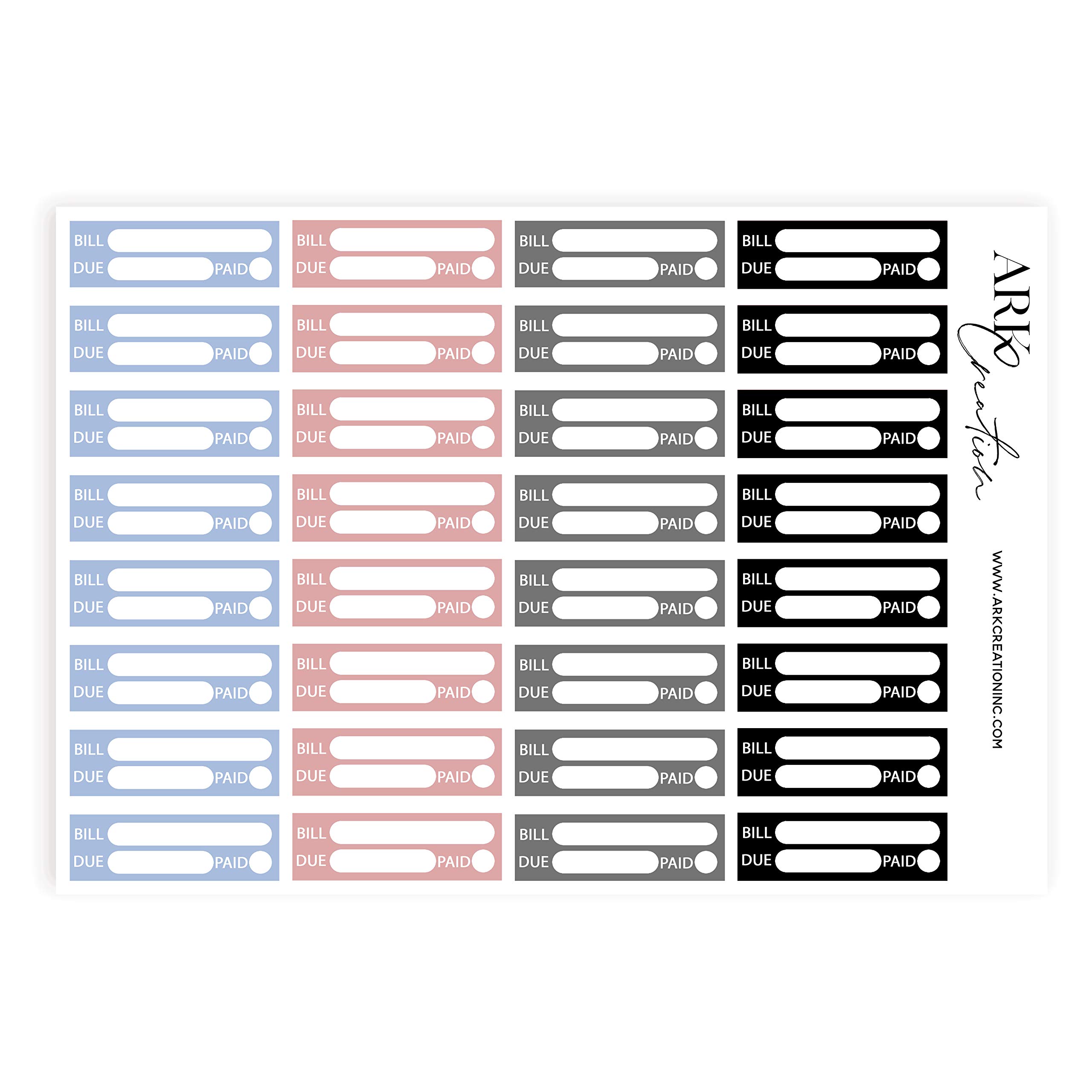 ARK Creation Planner Sticker Set - Colorful Bill Due Reminder Stickers with White Backing - Perfect for Budget Planners, Bill Organizers & Financial Planning