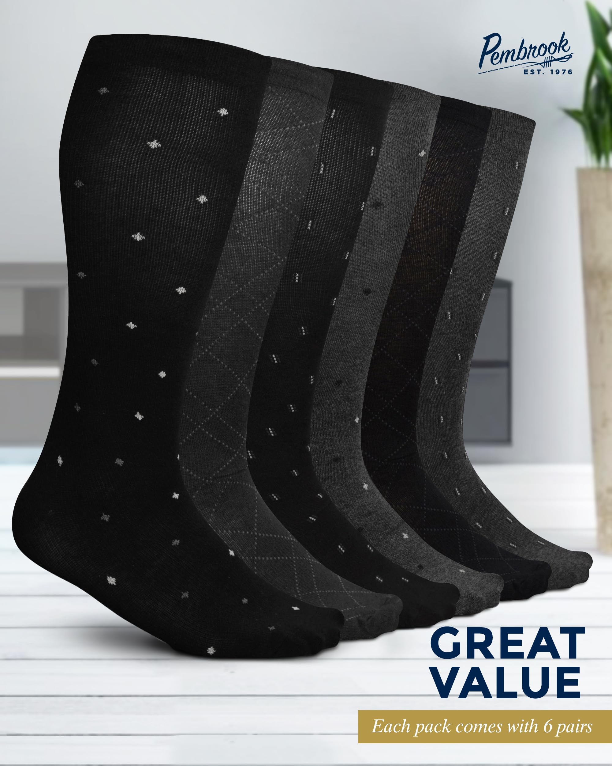 Pembrook Men's Light Compression Socks 6-Pack (8-15 mmHg) - Graduated Support Socks for Circulation & Swelling Relief - Ideal for Running, Travel & Work