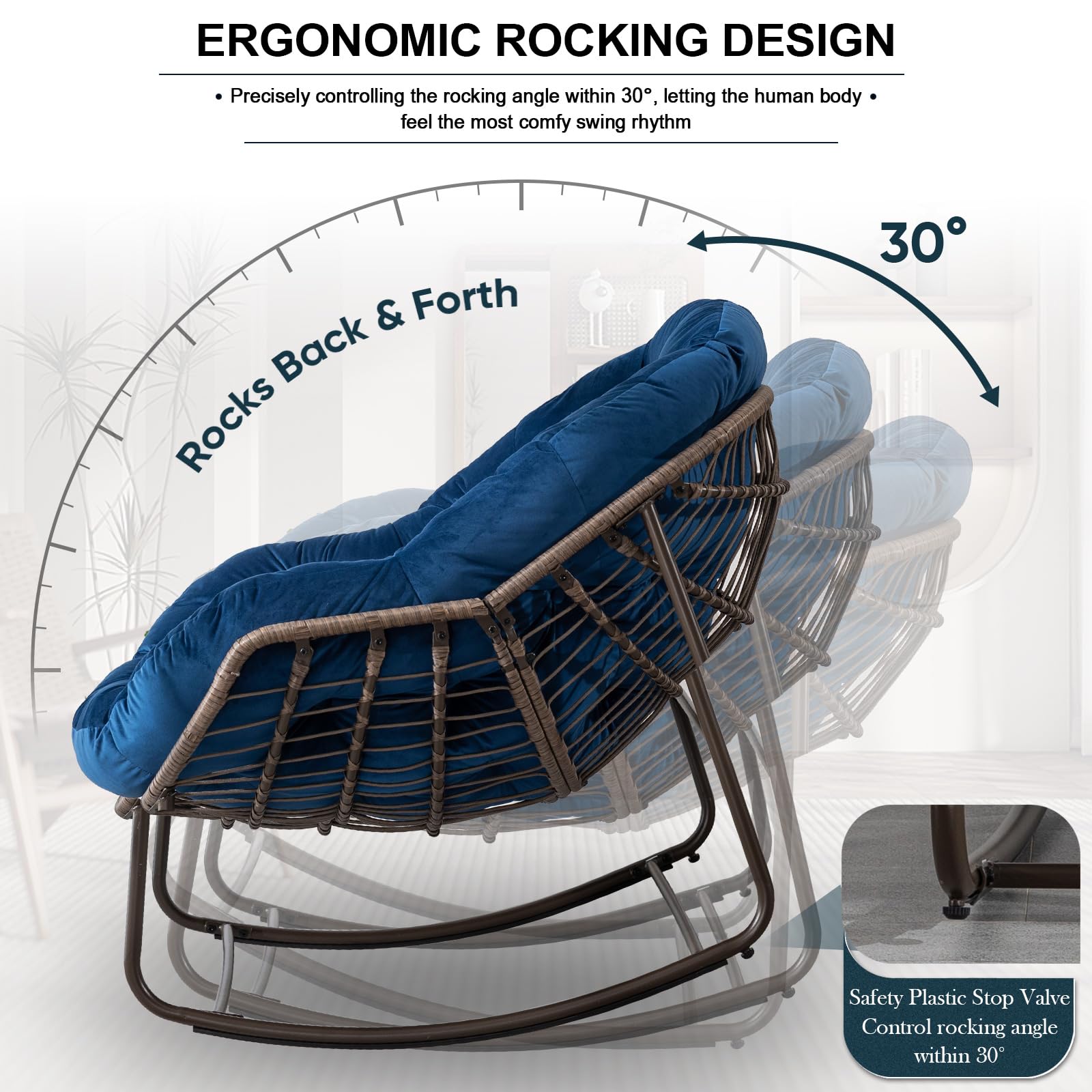 Outdoor Rocking Chair - Oversized Rattan Egg Rocking Chair with Padded Cushion for Patio, Garden, Porch, Balcony & Backyard - Modern Lounge Recliner Chair in Navy Blue - Perfect for Relaxing, Reading & Sunbathing