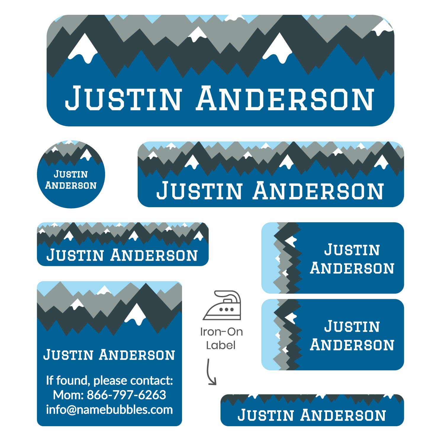 Custom Name Labels for Kids - 169 Personalized Iron-On & Stick-On Labels for Camp, School & Daycare (7 Sizes) | Waterproof Name Tags for Clothes, Towels, Water Bottles & Gear | Perfect for Summer Camp, School Supplies & Organization (Mountain Top Design)