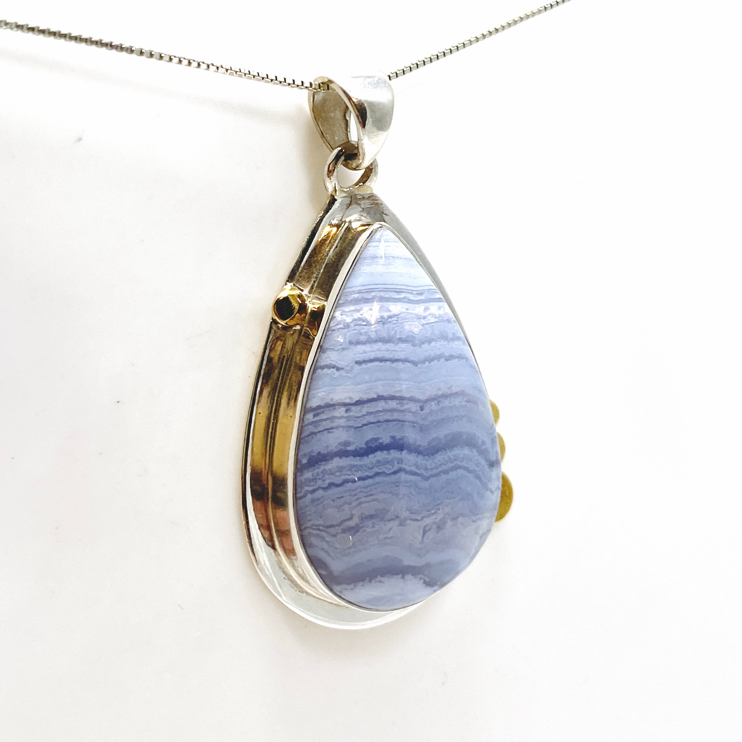Blue Lace Agate Teardrop Cabochon Pendant - Handmade Silver Jewelry KPGJ4833 - Perfect for Gift Giving & Special Occasions