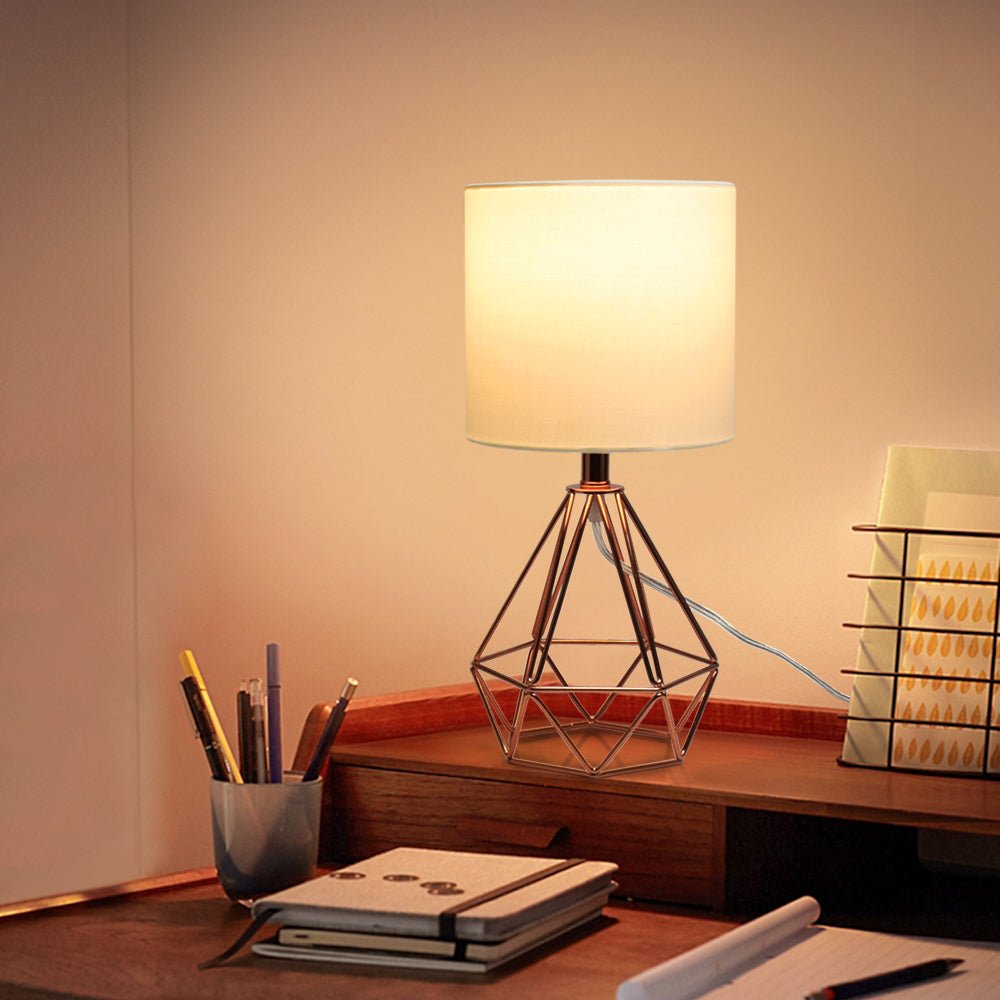 Modern Geometric Table Lamp with Rose Gold Hollow Metal Base & Fabric Shade - Bedside Nightstand Lamp for Bedroom, Living Room, Office - Perfect for Reading, Working & Creating Cozy Ambiance