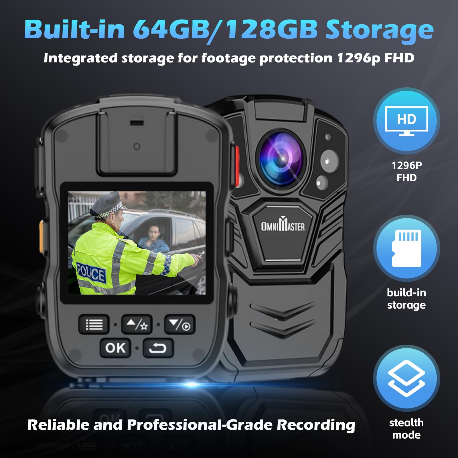 1296P UHD Body Camera with Audio Recording - 2 Inch LCD Display, Night Vision, Waterproof & Shockproof - Compact Body Worn Camera (128GB) for Law Enforcement, Security Guards & Outdoor Activities