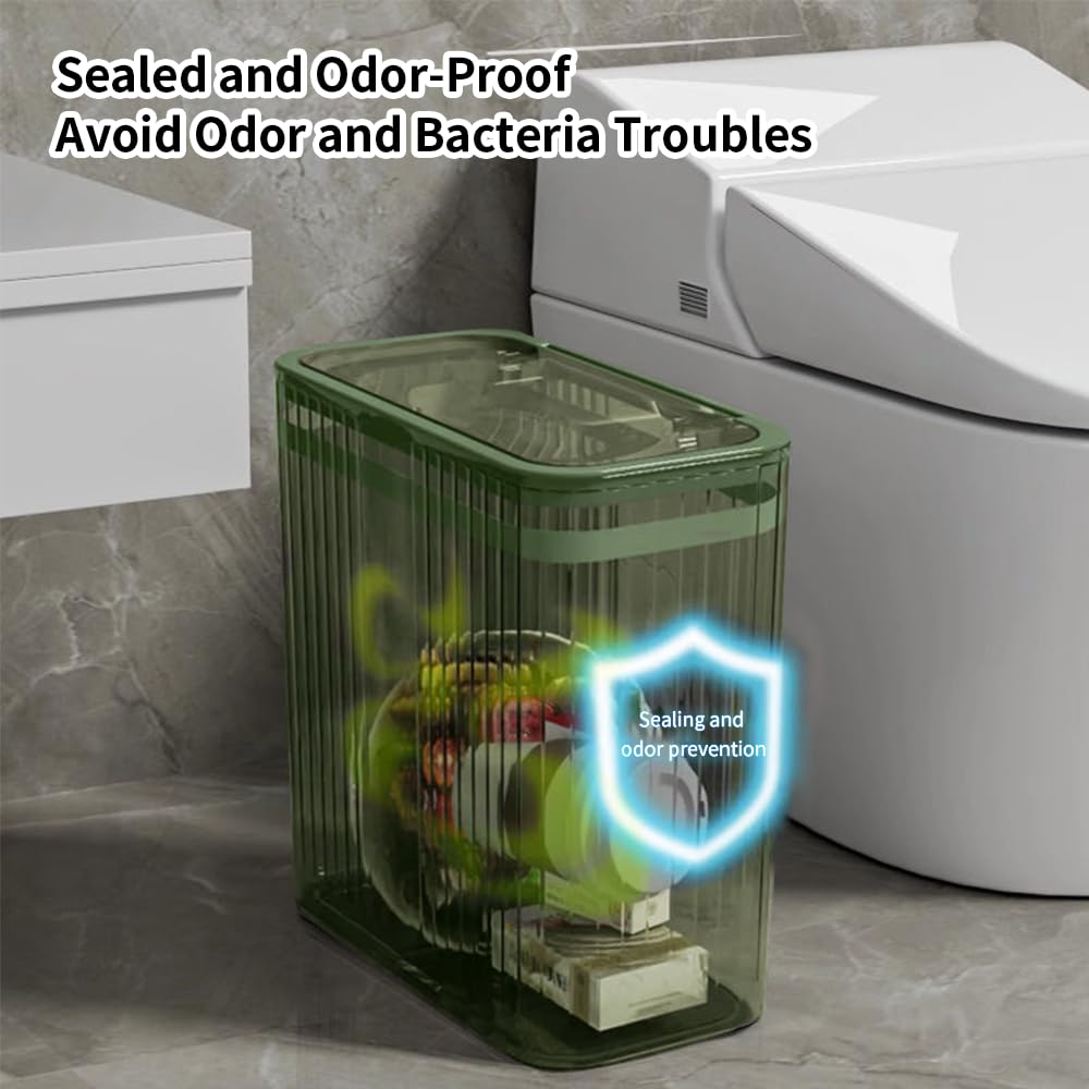 Clear Plastic Trash Can with Press-Top Lid - 3.5 Gallon (15L) Slim Waste Basket for Bathroom, Bedroom, Office & Kitchen - Eco-Friendly Green Garbage Bin for Home Use - Perfect for Small Spaces & Odor Control