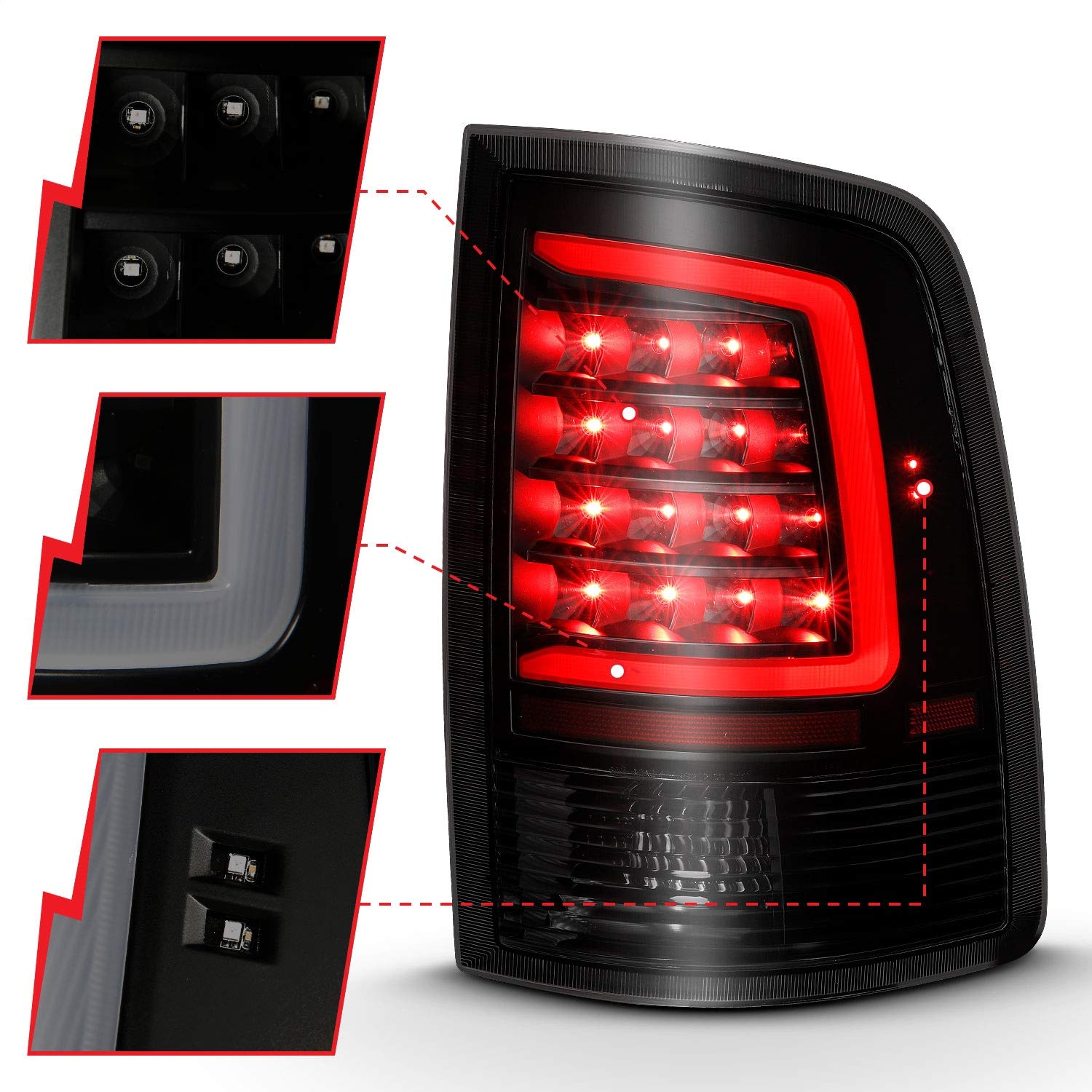 ANZO USA 311319 LED Tail Lights for Dodge Ram 1500 (2009-2018) - Smoke Lens, DOT Approved, Easy Installation - Upgrade Your Truck's Style & Safety for Night Driving