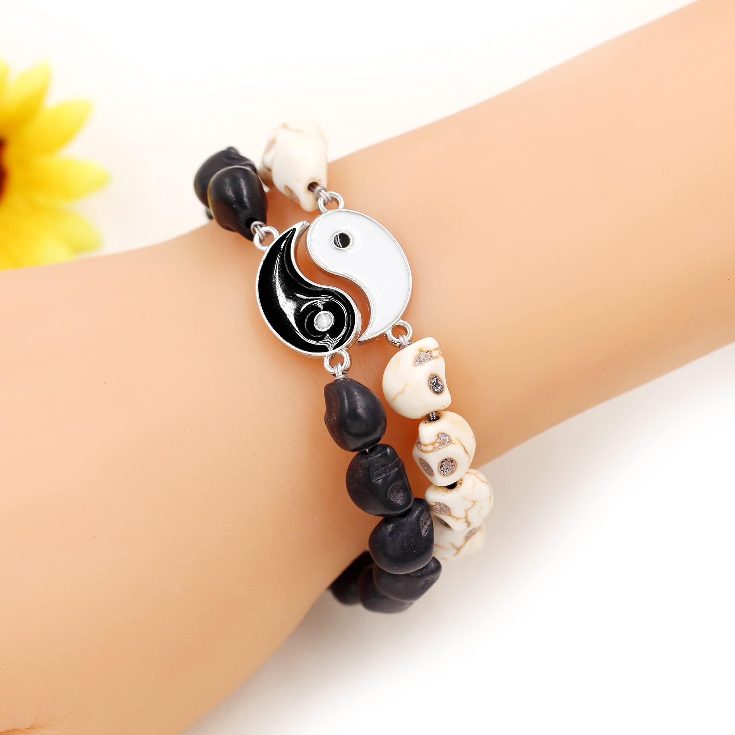 Black and White Skull Beads Yin Yang Bracelet Set for Couples - His and Her Matching Puzzle Bracelets for Men & Women Y2472 - Perfect for Anniversaries, Valentine's Day Gifts and Couple Fashion Accessories