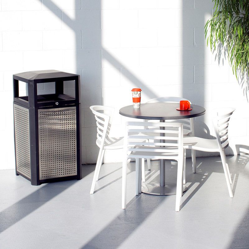 Stainless Steel Trash Can with Side Panels - Indoor/Outdoor Heavy Duty Garbage Bin - Black & Silver Metal Waste Basket for Kitchen, Office, Patio, and Garage