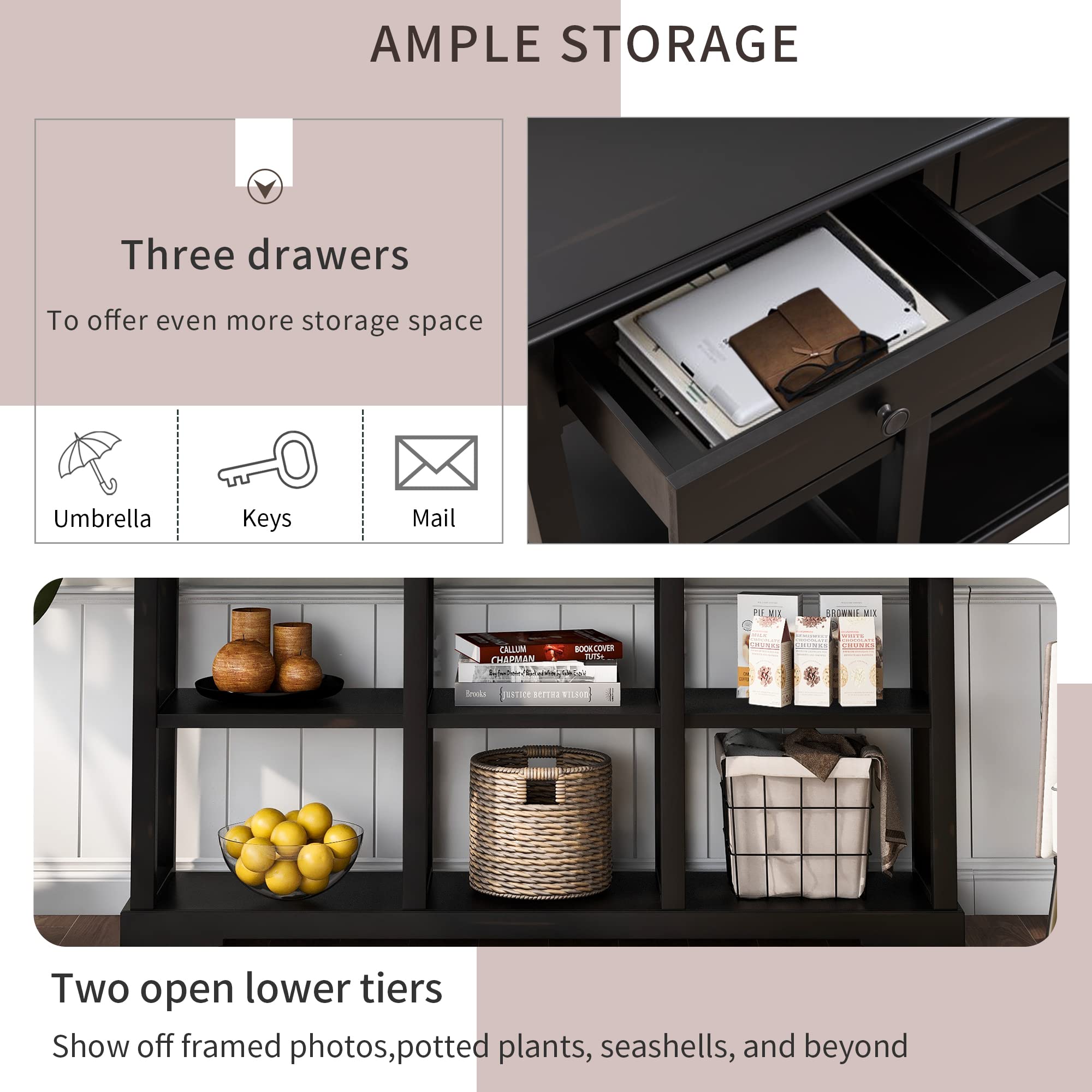 Acacia Wood Console Table with Storage - Retro Kitchen Buffet Cabinet & Sideboard with Open Shelves & 3 Drawers - Entryway, Living Room & Dining Room Furniture (Black) - Perfect for Home Decor, Small Space Organization & Modern Farmhouse Style - Ideal for Hallway Storage, Living Room Display & Dining Room Serving
