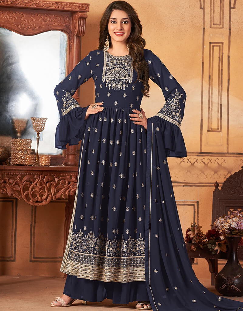 Blue Fox Georgette Sharara Salwar Suit for Women - Elegant Indian Ethnic Outfit for Weddings, Festivals & Special Occasions