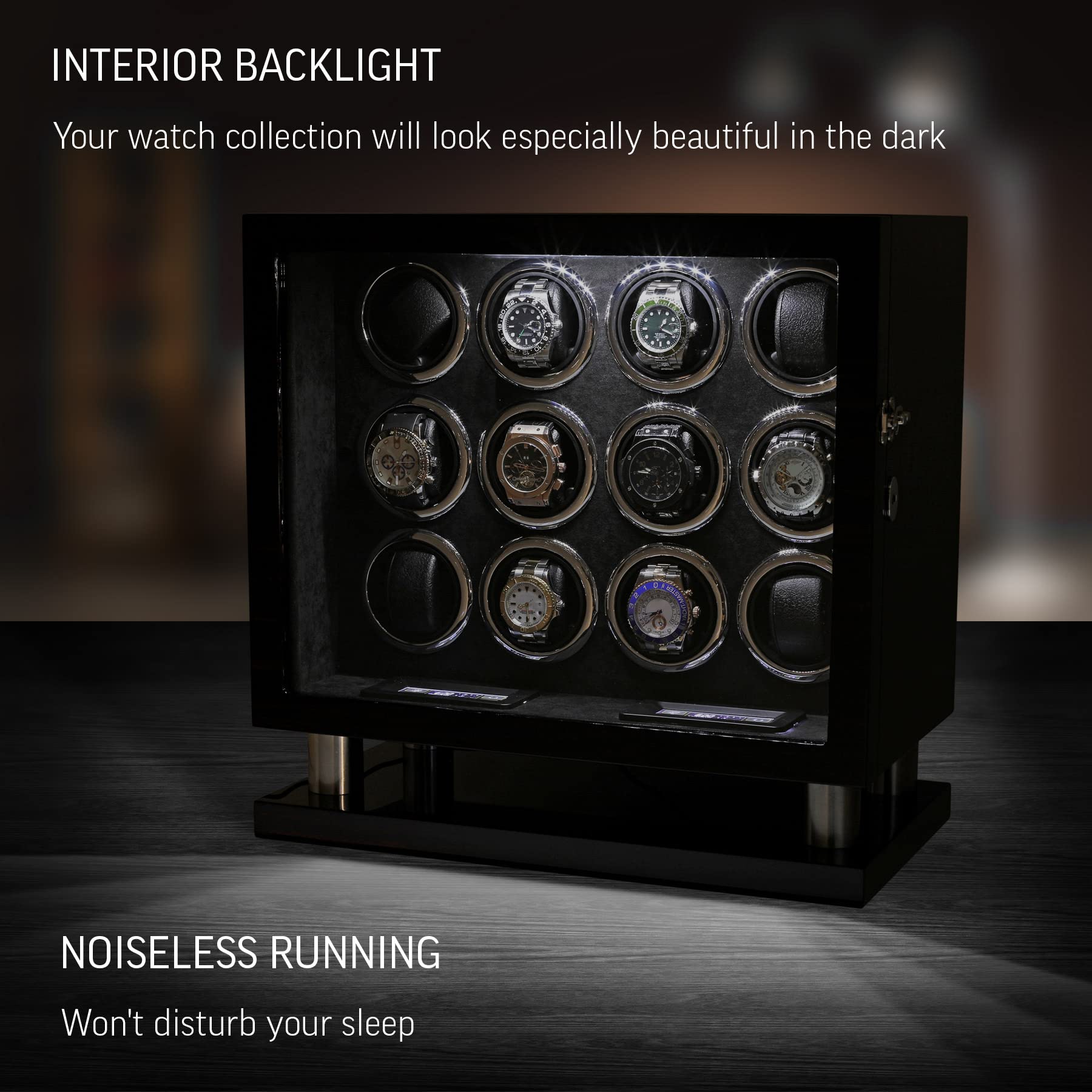 12 Watch Winder for Automatic Watches - LED Light & LCD Touchscreen Control | Perfect for Watch Collectors & Luxury Timepiece Storage at Home/Office