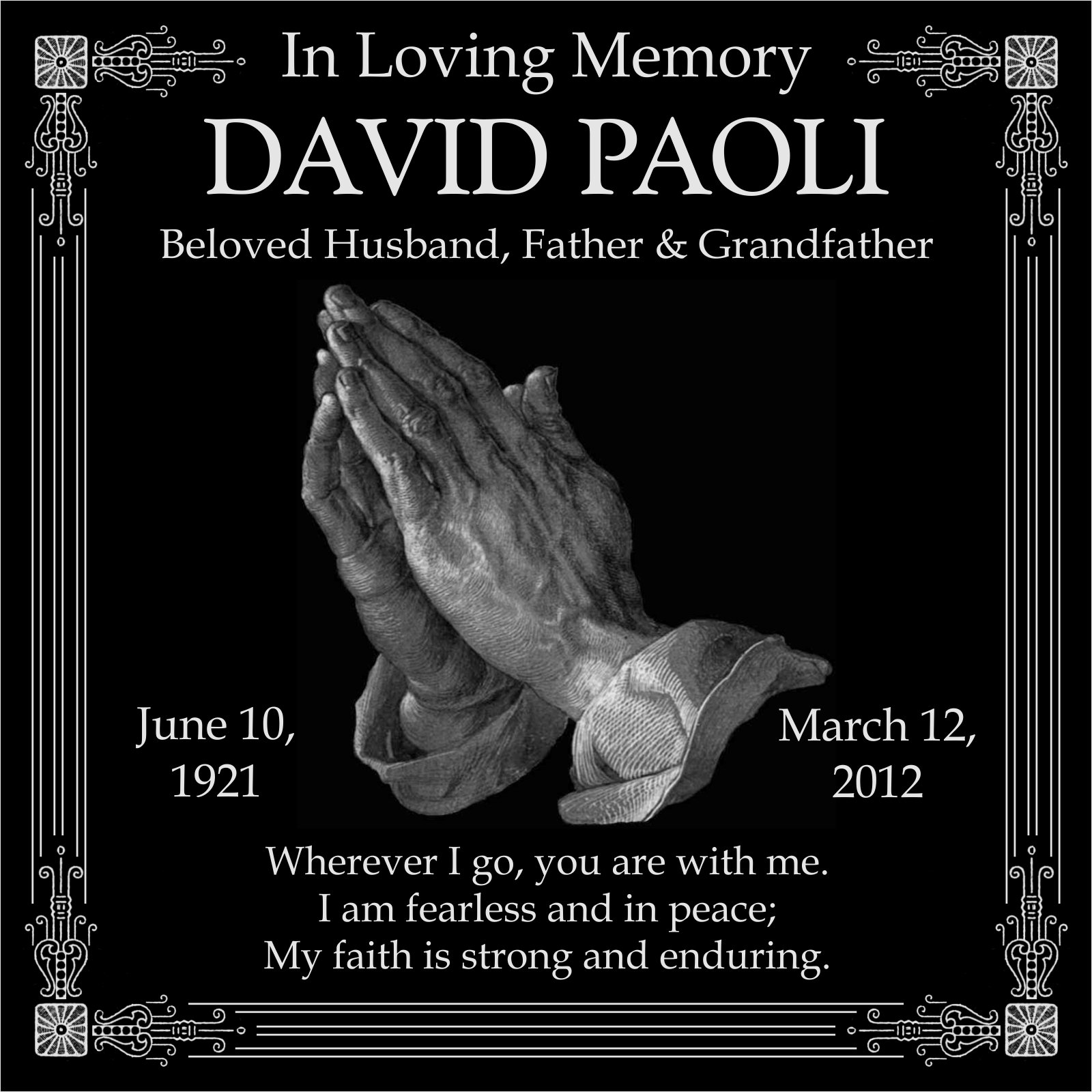 Custom Engraved Black Granite Memorial Plaque - Personalized Praying Hands Grave Marker 12x12 Inch - Perfect for Cemetery Headstones, Memorial Gardens & Loved Ones' Remembrance