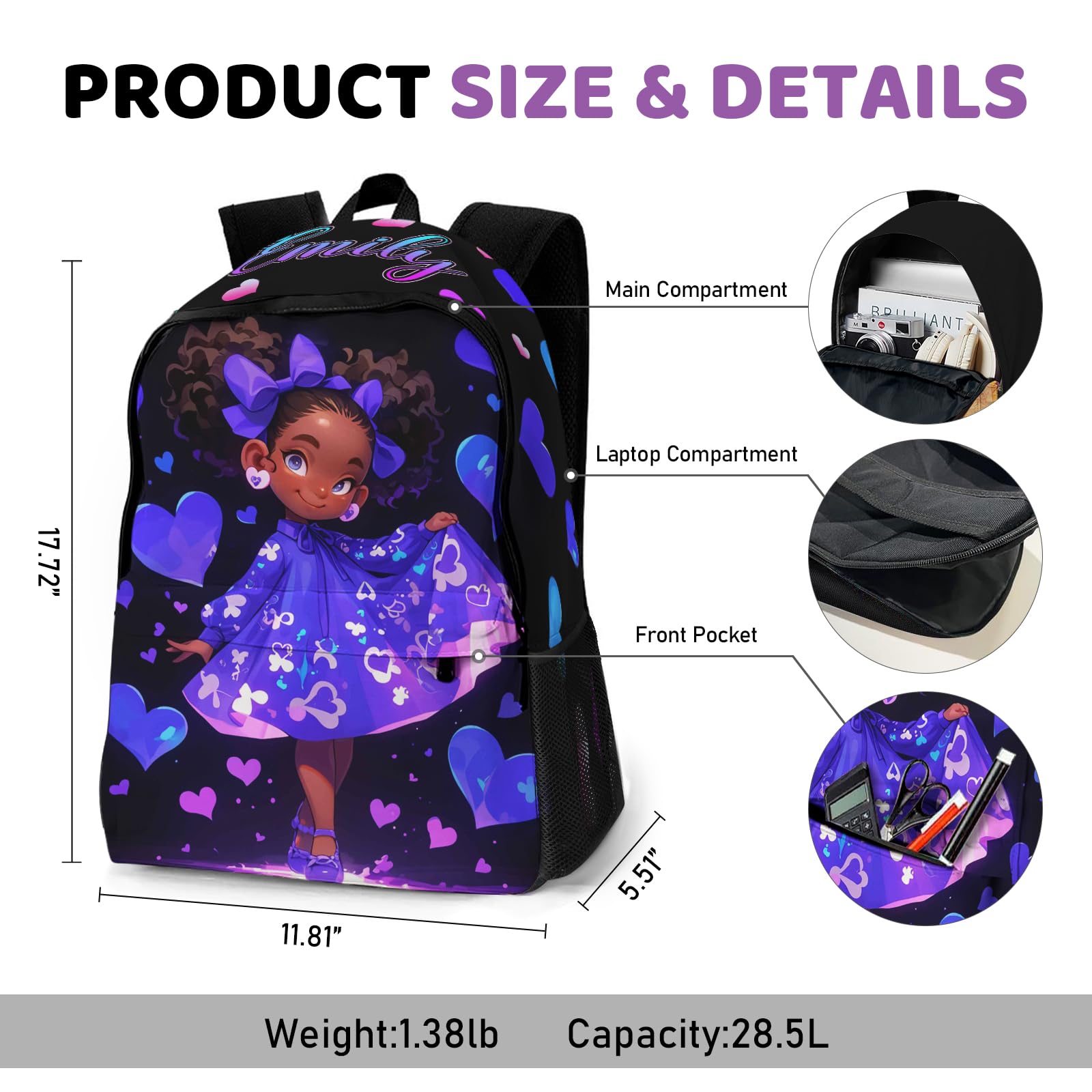 Personalized Kids Backpack for Girls - Custom Name Heart Print School Bag with Lunch Box, Durable Daypack for Travel, School & Dance | Perfect Back to School Gift for Students