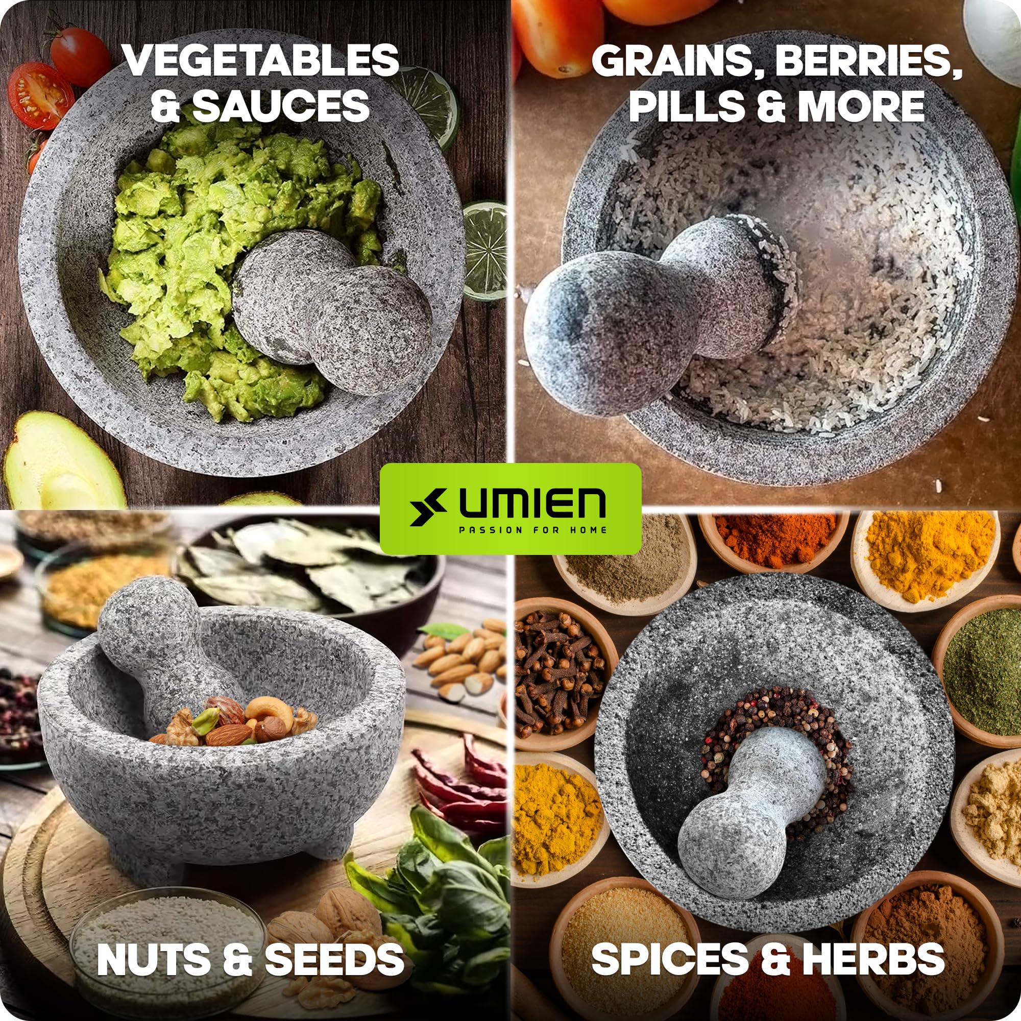 Umien™ Granite Mortar and Pestle Set - 8-Inch Natural Stone Molcajete for Grinding Spices, Making Guacamole & Pesto - 3.5-Cup Capacity with Free Avocado Tool - Durable 100% Granite Spice Grinder (Grey) - Perfect for Kitchen, Cooking, Mexican Cuisine & Herb Preparation