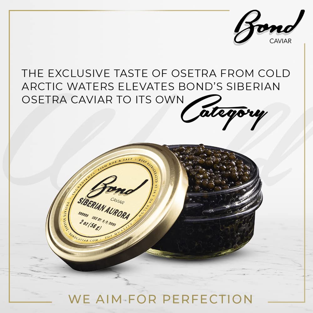 Premium Bond Siberian Osetra Aurora Caviar - World-Renowned Malossol Fish Roe with Sea Salt, Small to Medium Pearls (2oz/56g) | Overnight Delivery | Luxury Gourmet Gift for Weddings, Anniversaries & Fine Dining Experiences