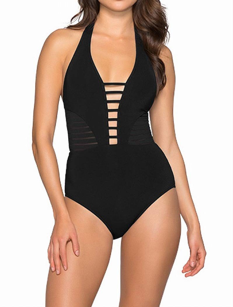 Jets by Jessika Allen Women's Sexy Plunging Neckline Halter One Piece Swimsuit - High Cut Bathing Suit for Beach, Pool & Summer Vacation