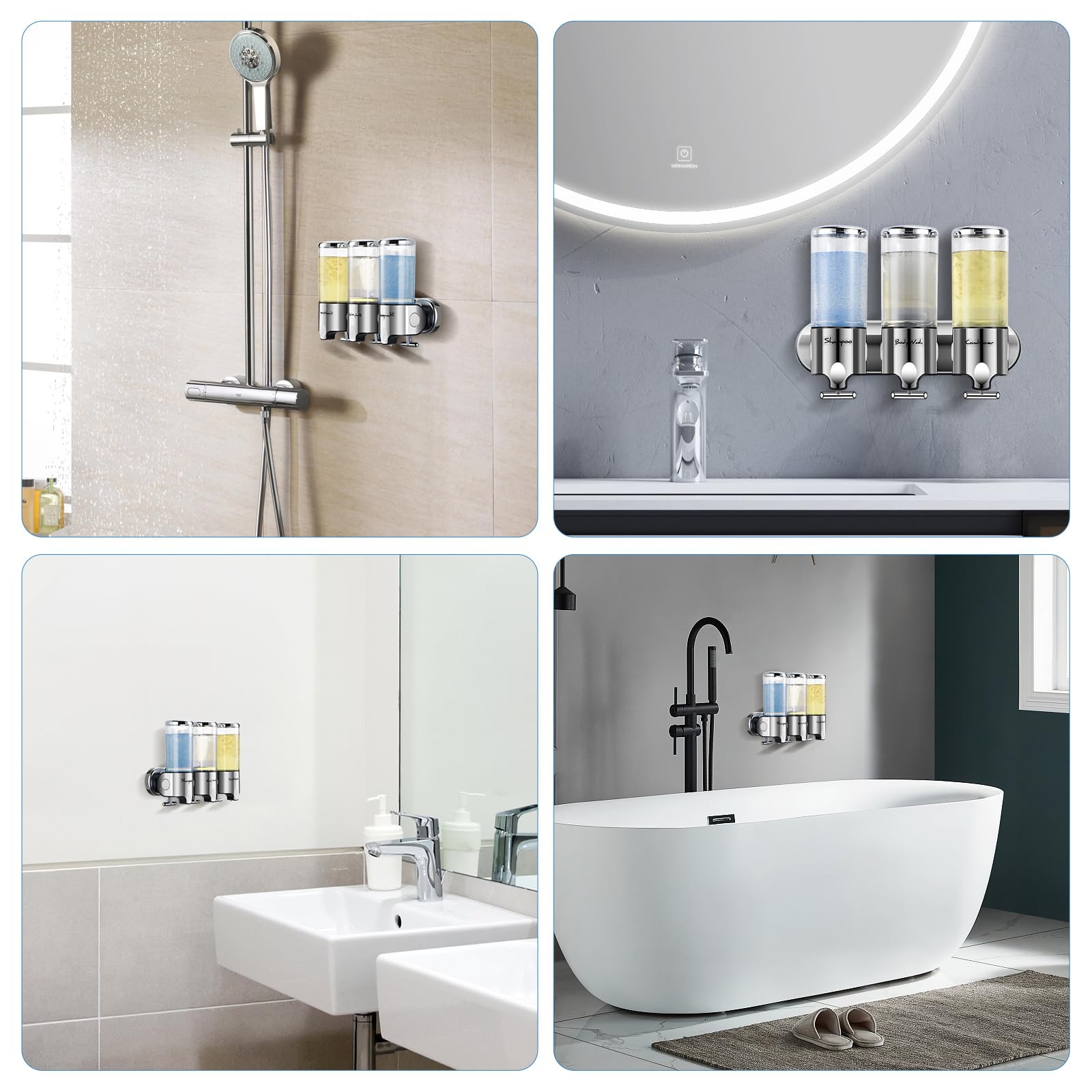 3-Chamber No Drill Wall Mounted Shower Dispenser - 500ml Large Capacity Refillable Soap & Shampoo Dispenser for Bathroom (Clear Design) - Perfect for Organized Showers, Gym Locker Rooms & Spa Facilities