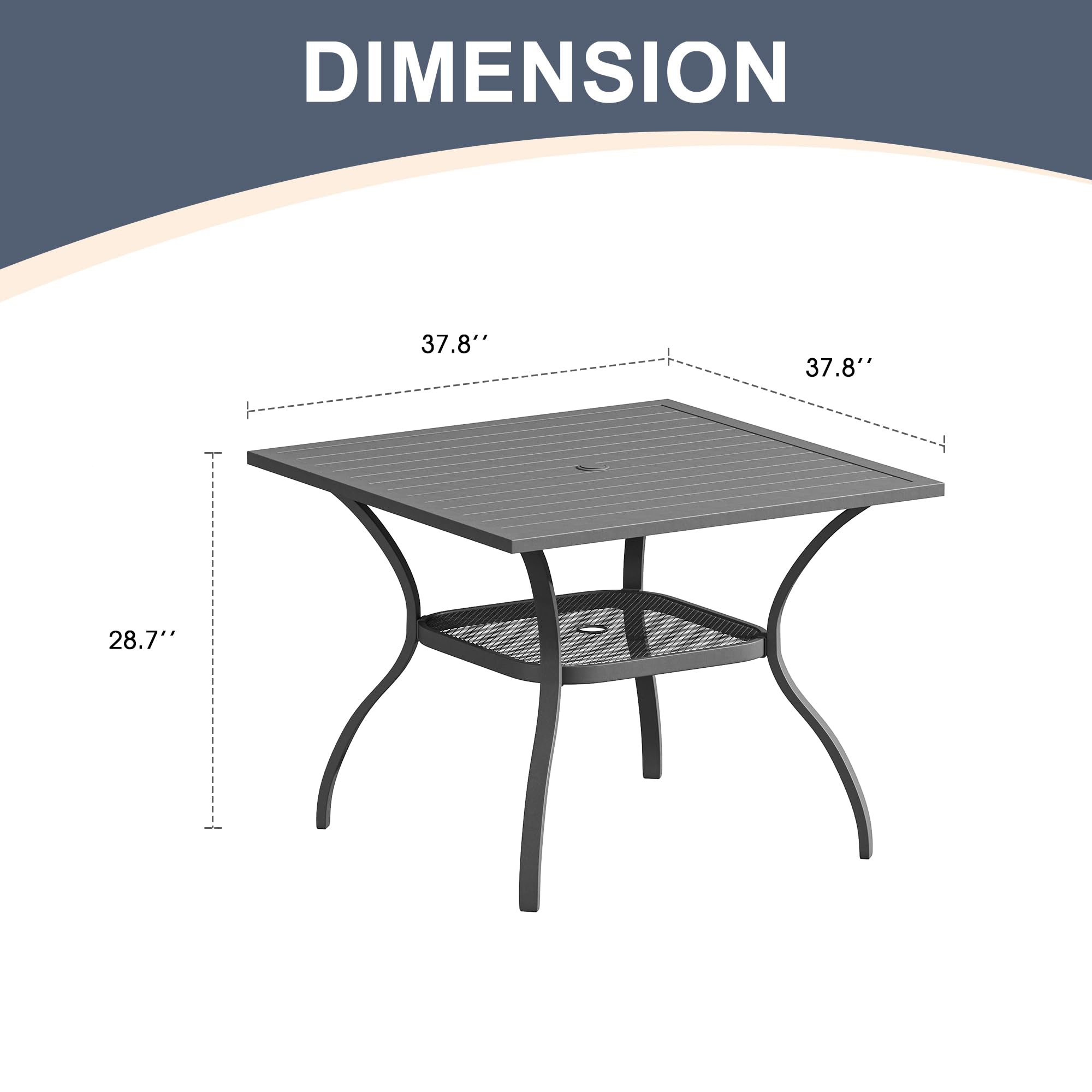 VICLLAX 4-Person Square Metal Outdoor Dining Table with Umbrella Hole & Storage Shelf - Patio, Garden, Lawn, Balcony, Deck Furniture - Dark Grey | Perfect for Backyard BBQs, Poolside Gatherings & Outdoor Entertaining