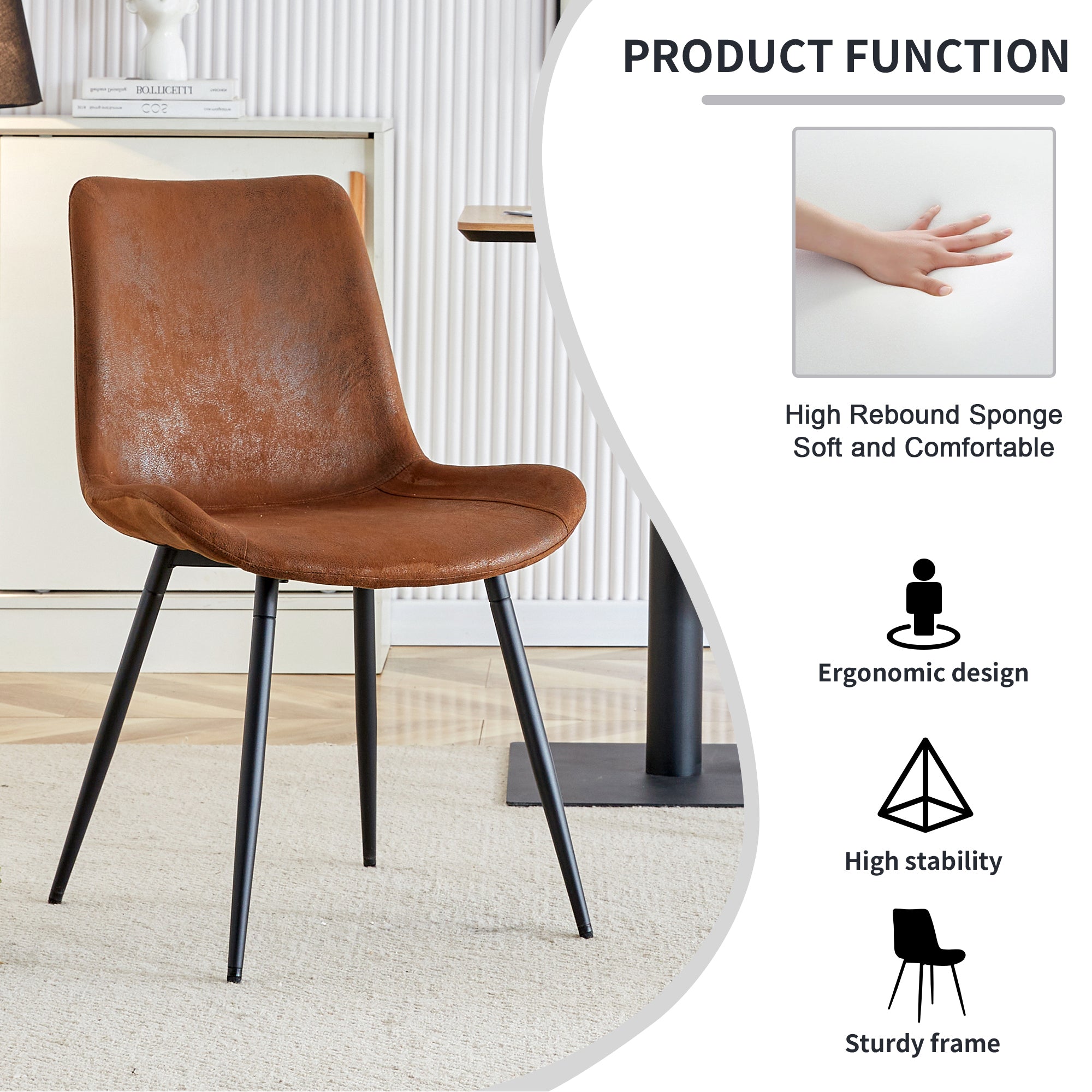 Premium Brown Suede Dining Chair with Black Metal Legs - Ergonomic Curved Cushion Design for Ultimate Comfort - Perfect for Restaurants, Kitchens, Bedrooms & Offices - Set of 6 Modern Chairs for Home and Commercial Use