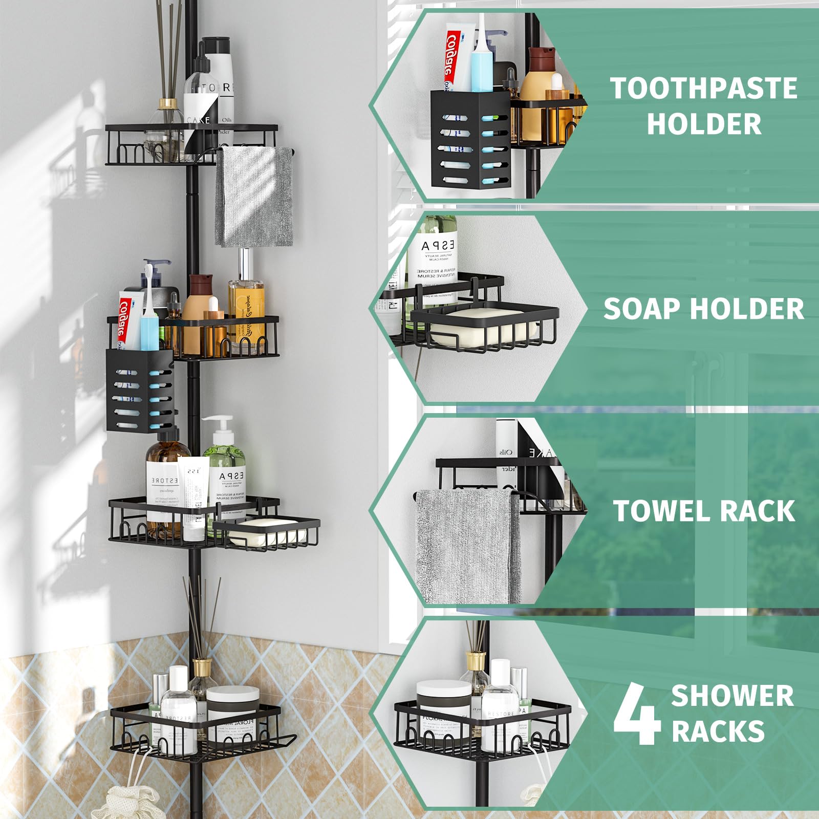 Adjustable Tension Shower Caddy 34-101 Inches - 4-Tier Rust-Resistant Freestanding Bathroom Organizer with Pole - Perfect for Bathtub, Shower & Corner Storage - Black