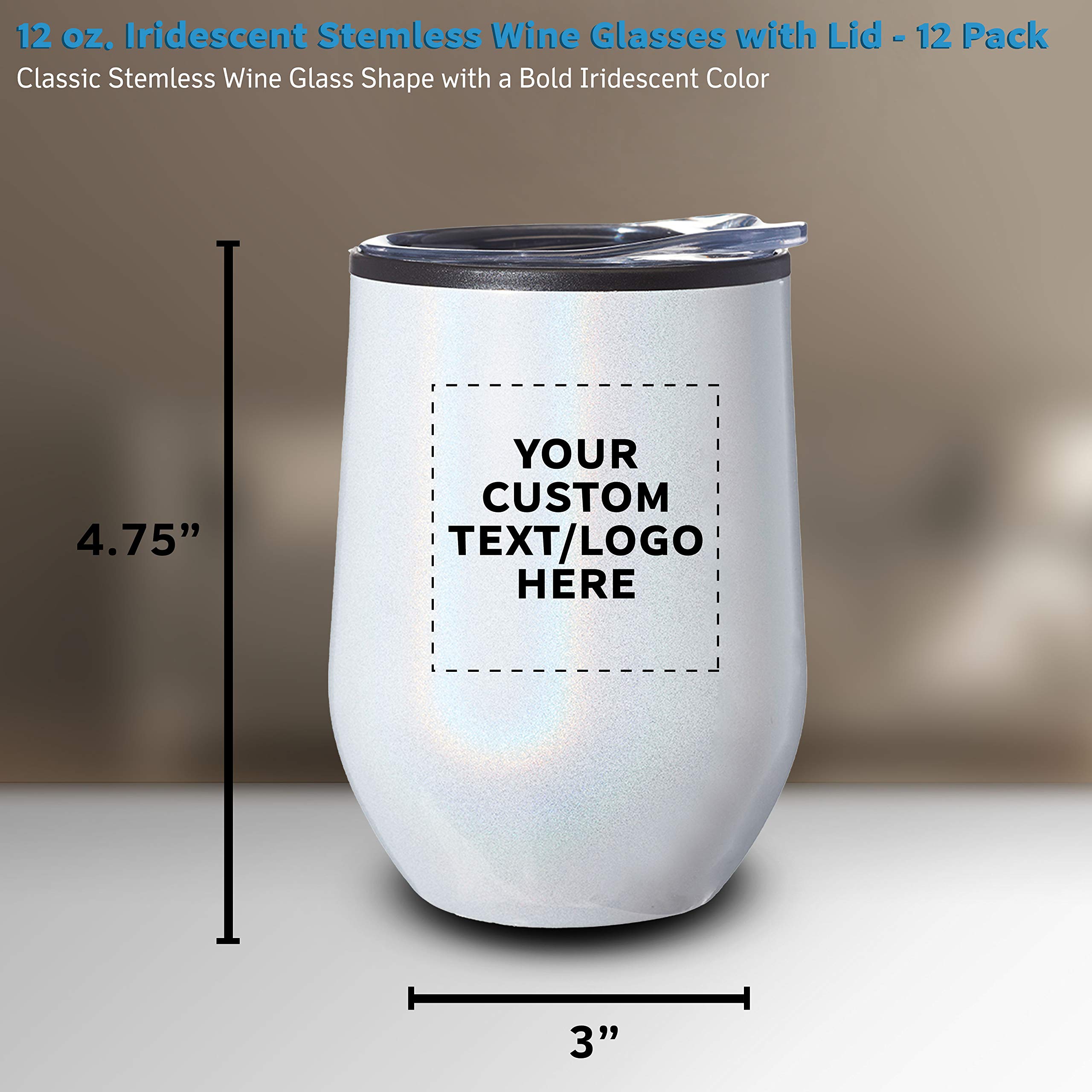 Custom Palmera Stemless Wine Tumblers with Lids - 12 oz Set of 12, Personalized Bulk Pack - Iridescent White - Perfect for Wine, Cocktails, Hot & Cold Beverages - Great for Parties, Weddings, Gifts & Home Entertaining