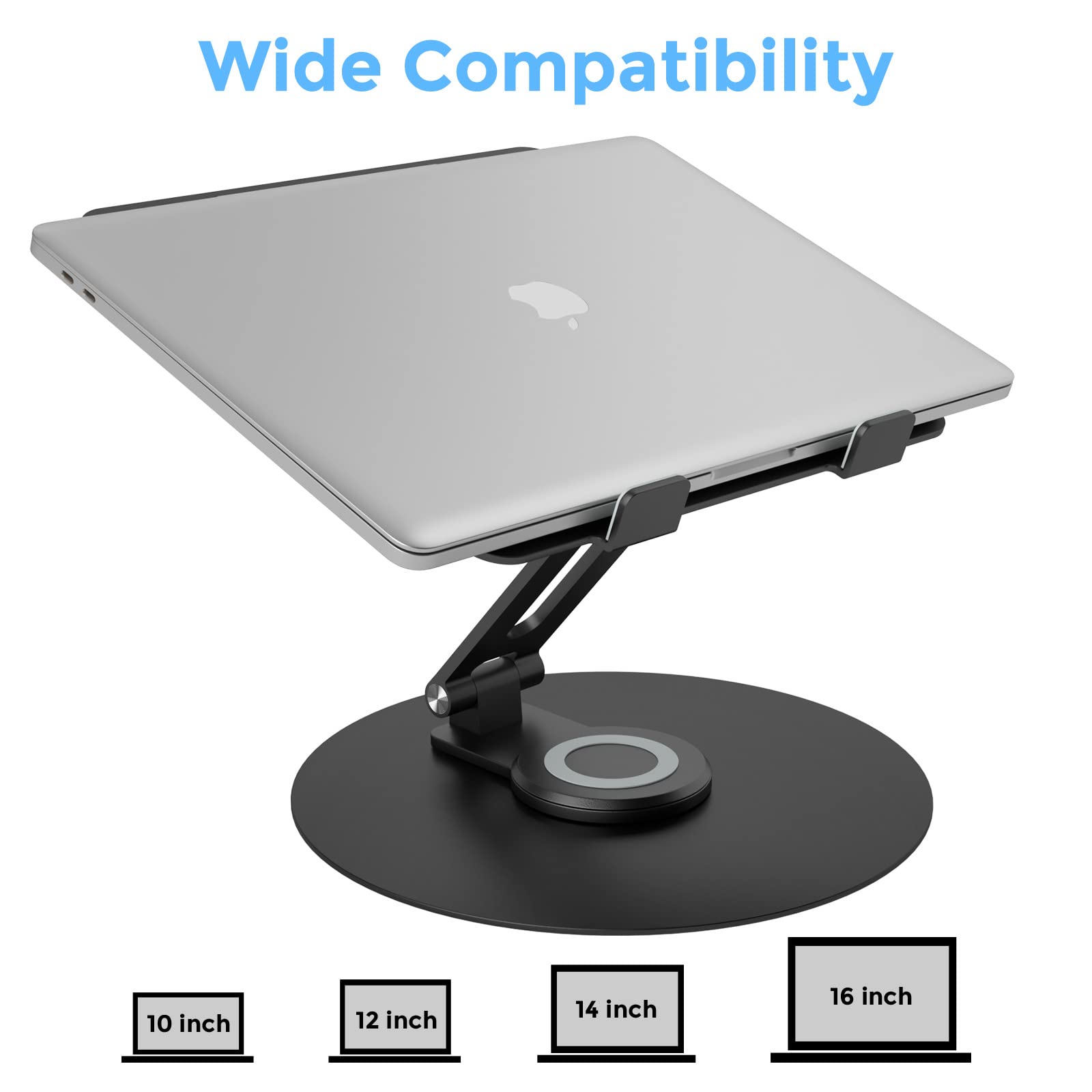 Swivel Laptop Stand for Desk - Adjustable Height, 360° Rotating Base, Foldable Ergonomic Riser, Portable Laptop Holder for MacBook & All 10-17'' Laptops, Black - Perfect for Home Office & Workspace