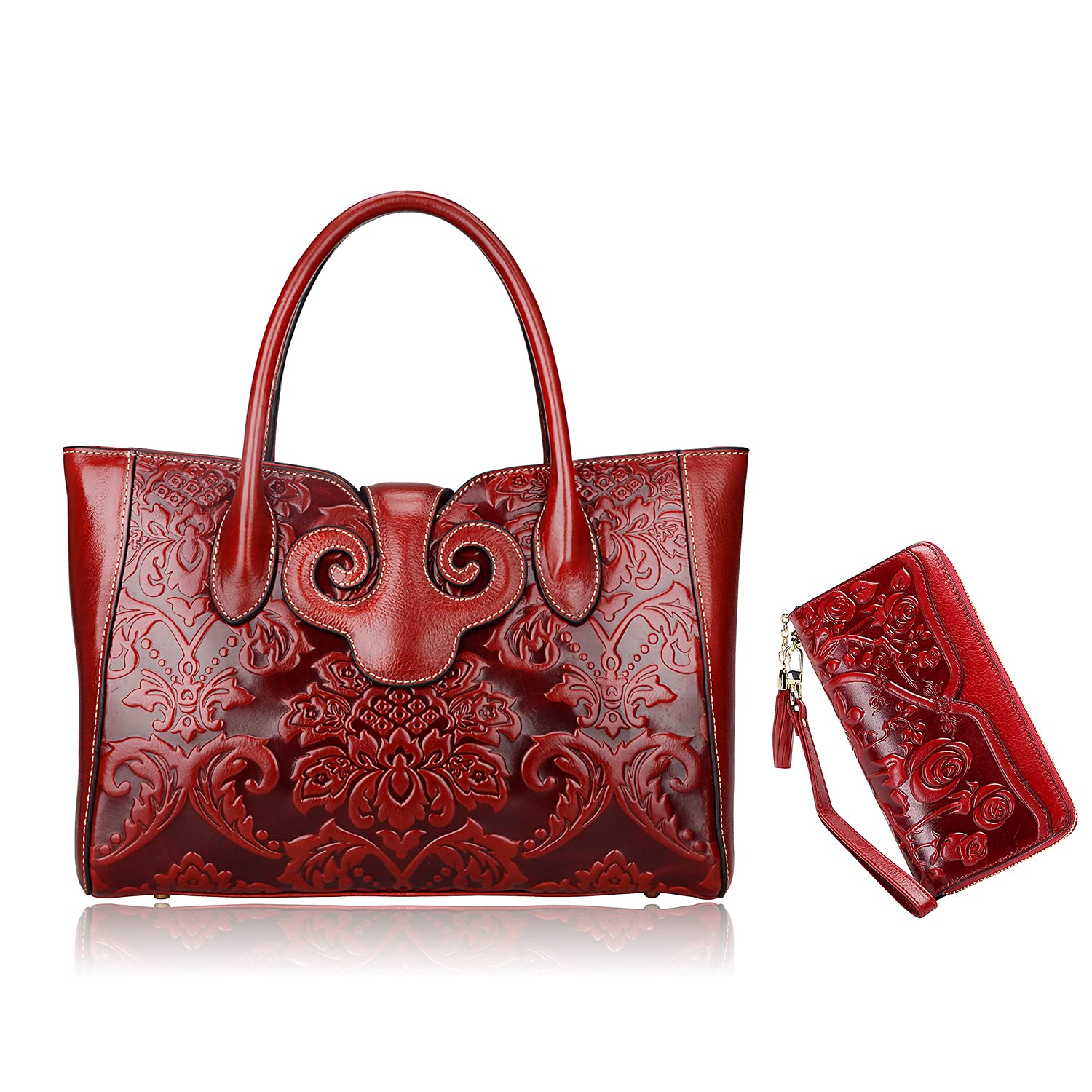 PIJUSHI Floral Handbags for Women - Designer Top Handle Shoulder Bags with Genuine Leather Wallet Set | Elegant Ladies Purse & Wristlet Clutch for Work, Party & Daily Use