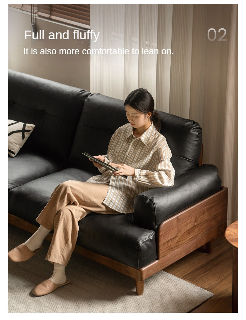 Premium Black Walnut Solid Wood Sofa - Genuine Leather & Fabric Upholstery, Modern Living Room Furniture for Home & Office Comfort