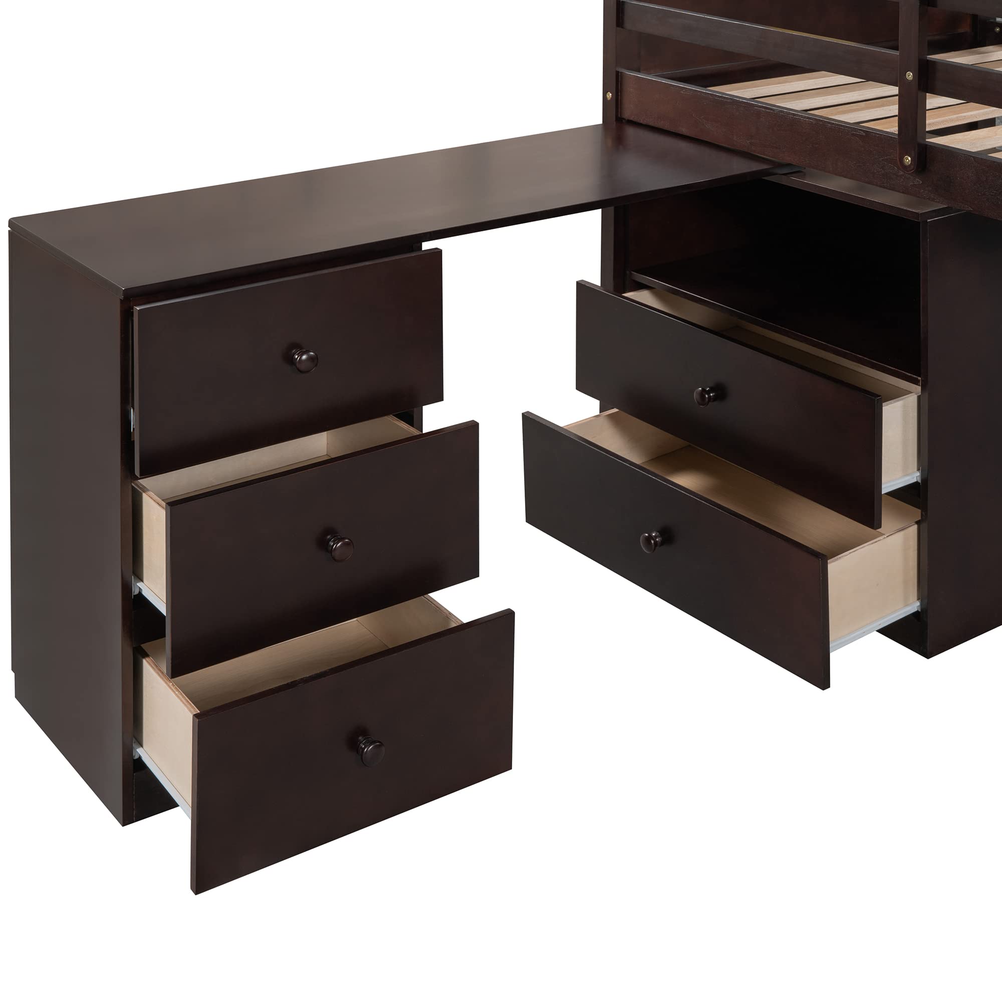 Twin Size Wooden Loft Bed with Storage Steps & Portable Desk - Low Study Loft Bed Frame for Teens & Small Spaces - Espresso & Natural Wood Finish - Perfect for Dorm Rooms, Kids Bedrooms & Studio Apartments