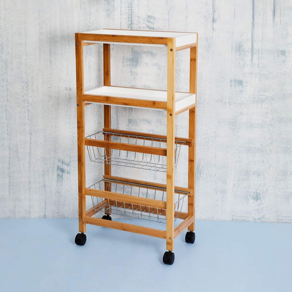 Home Centre Tranzit Wood Rectangular Kitchen Trolley - Rolling Kitchen Island Cart with Storage for Small Spaces | Perfect for Food Prep, Dining & Extra Counter Space