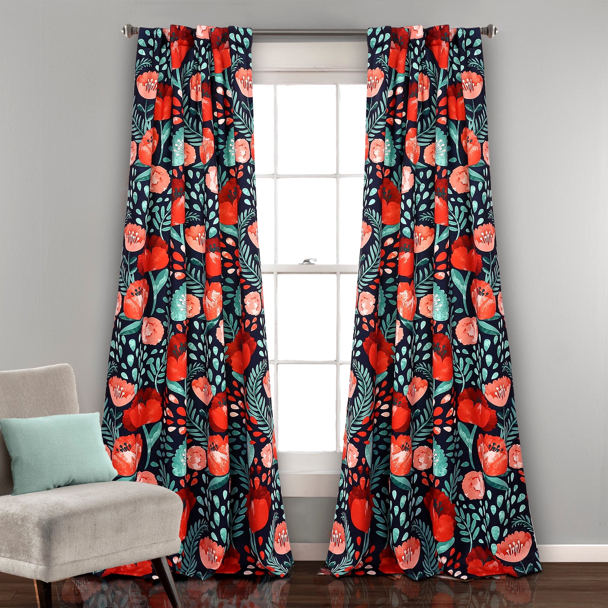 Poppy Garden Light Filtering Window Curtain Panel Set - Floral Sheer Drapes for Living Room & Bedroom - Soft Sunlight & Privacy Protection