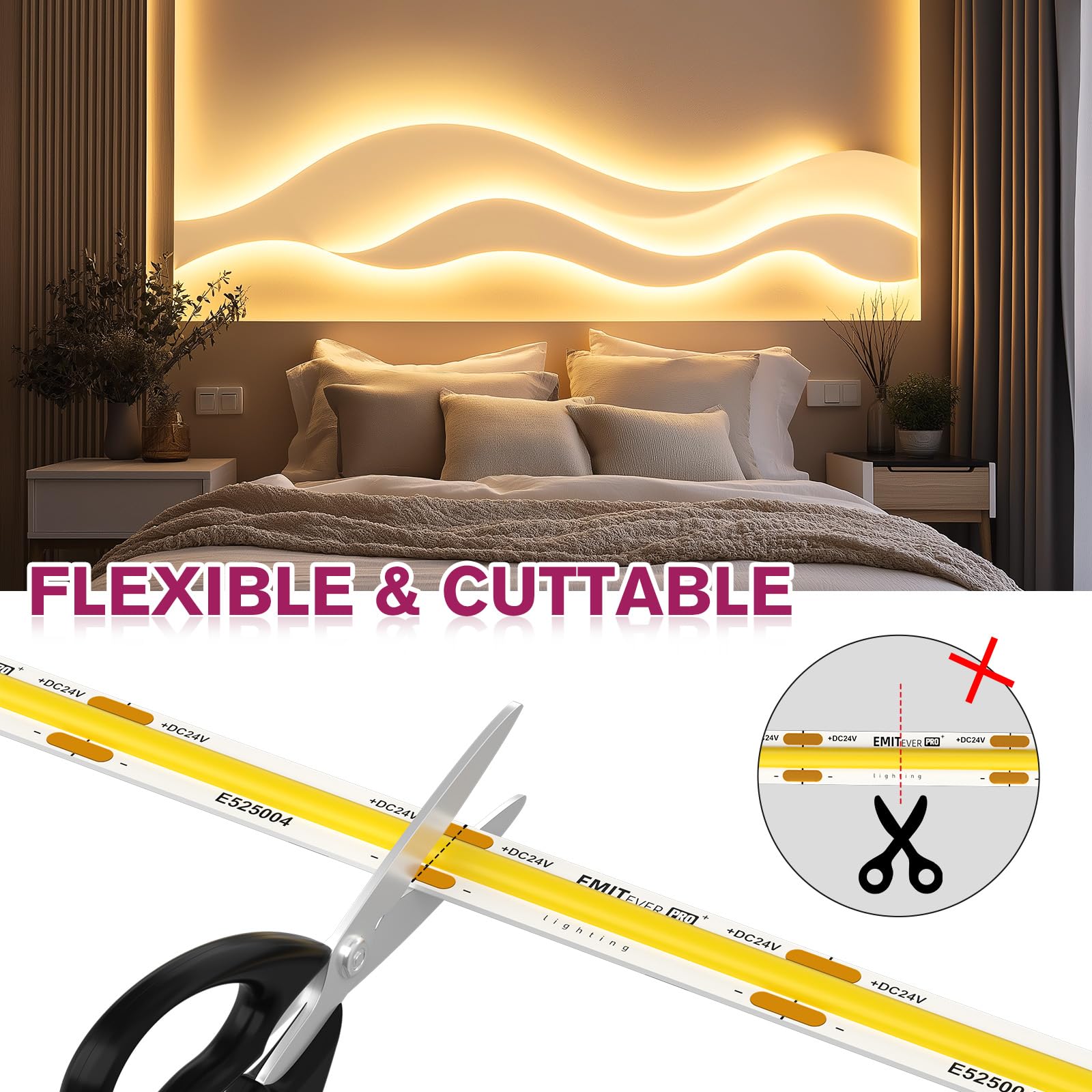 EMITEVER COB LED Strip Lights Warm White 3000K - High Density 24V Tape Light, 400+ Lumens/ft, 5120 LEDs/Spool, CRI 90+, 32.8ft/10m UL Listed - Perfect for Home Kitchen Lighting, Bedroom Ambiance, and Commercial Display (Power Supply Sold Separately)