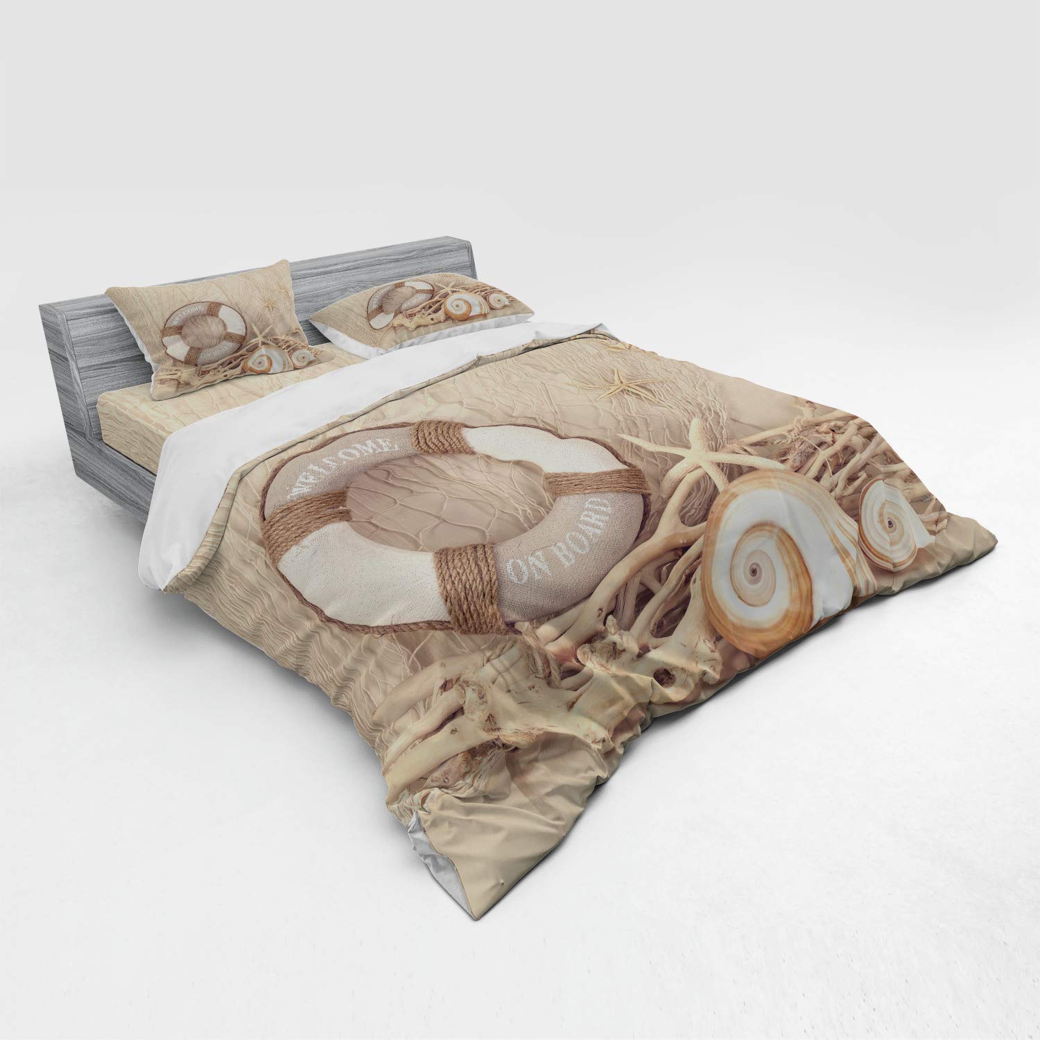 Ambesonne Coastal Duvet Cover Set - King Size 4-Piece Bedding Set with Shams & Fitted Sheet | Nautical Maritime Theme Print in Tan Beige White | Perfect for Beach House Decor, Guest Room or Vacation Home Bedroom