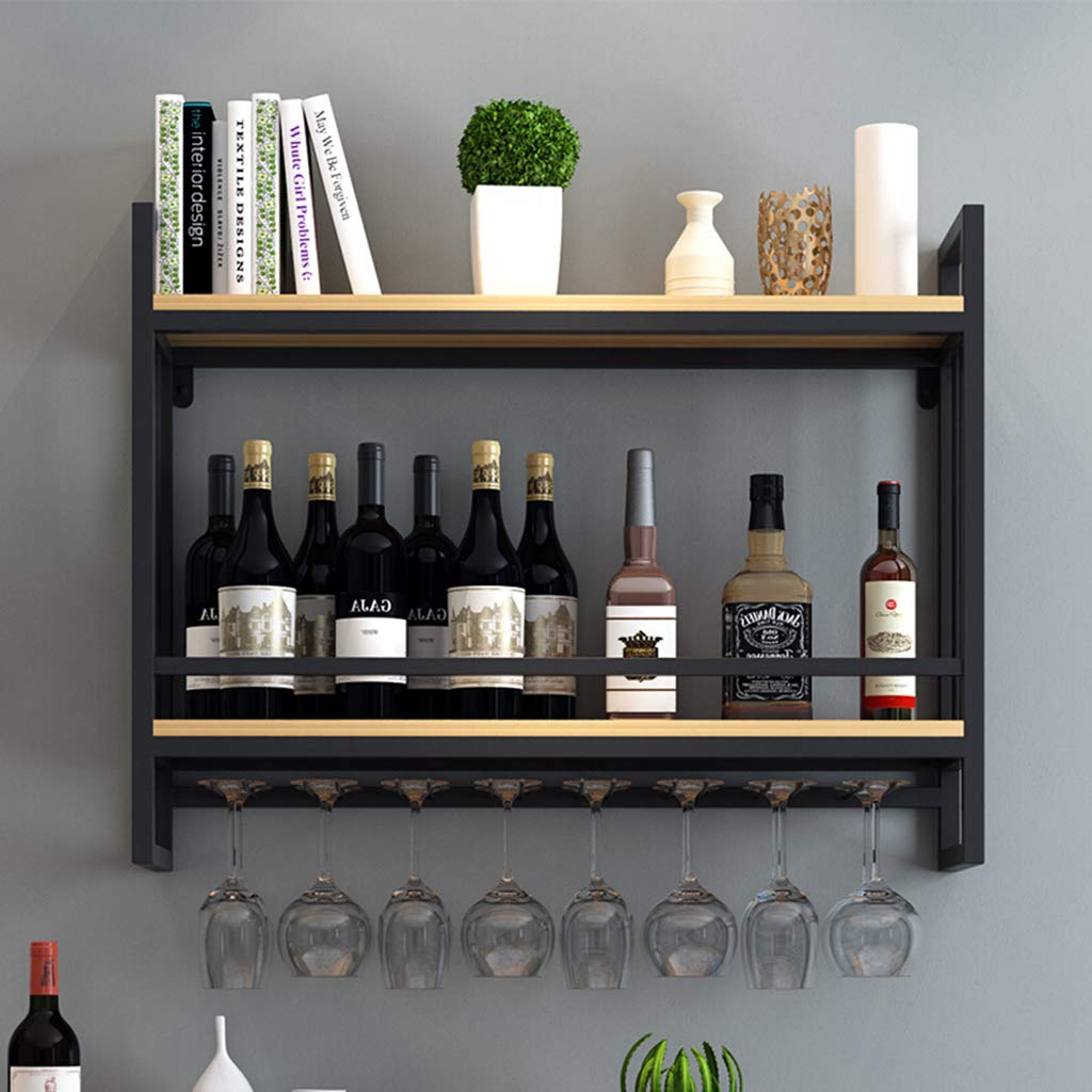 Wall-Mounted Wine Rack with Glass Holder - Wood & Metal Wine Shelf for Bottle Storage - Hanging Wine Glass Organizer - Space Saving Wine Storage Solution for Kitchen, Bar or Dining Room Decor