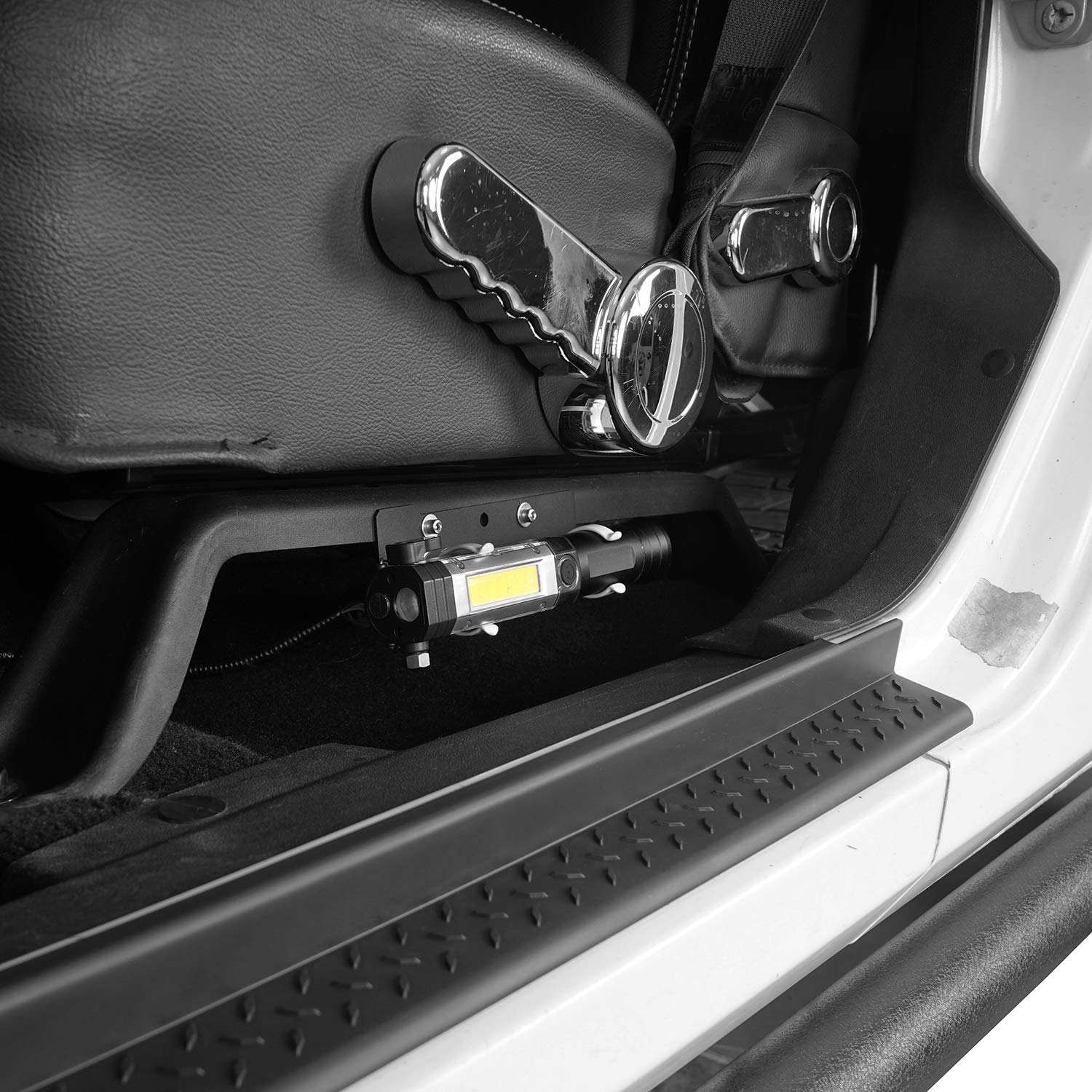 Hooke Road Universal Flashlight Holder Mount for 2011-2018 Jeep Wrangler JK & Unlimited (Sport, Sahara, Rubicon) - Heavy Duty Tactical Light Clip with Quick Release (Batteries Not Included) | Perfect for Off-Roading, Camping & Emergency Vehicle Use