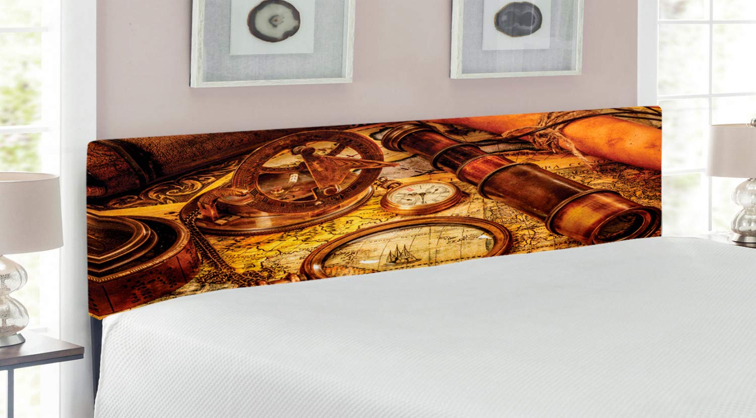 Ambesonne Antique Nautical Headboard - King Size Upholstered Metal Bed Frame with Memory Foam, Vintage Map Design Featuring Magnifying Glass, Compass & Pocket Watch in Orange, Brown & Yellow | Perfect for Coastal, Vintage or Explorer Themed Bedrooms
