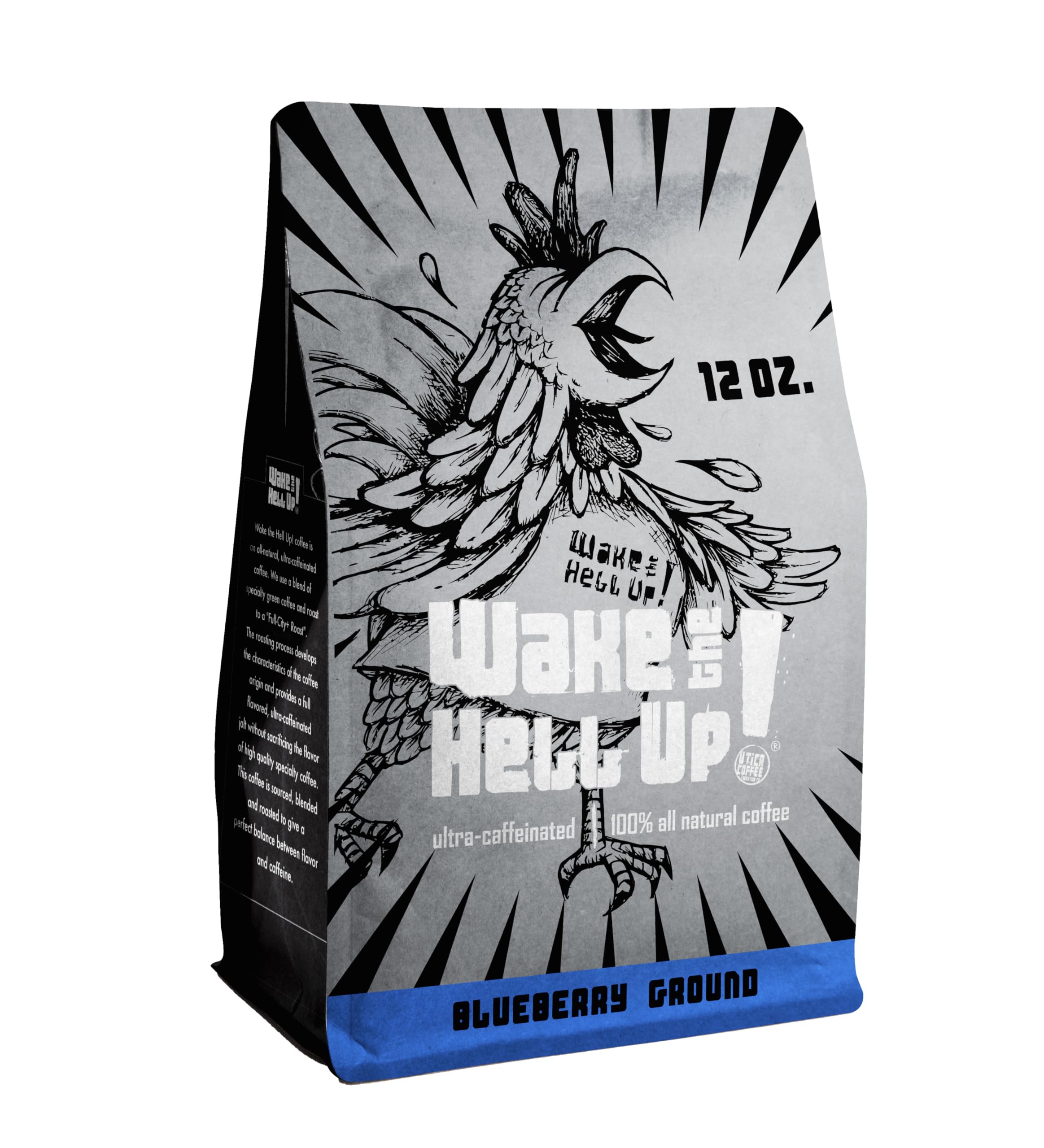 Wake The Hell Up! 12oz Ultra-Caffeinated Blueberry Ground Coffee - Low Acid Medium-Dark Roast for Energy Boost | Perfect for Morning Brew, Office & Study Sessions