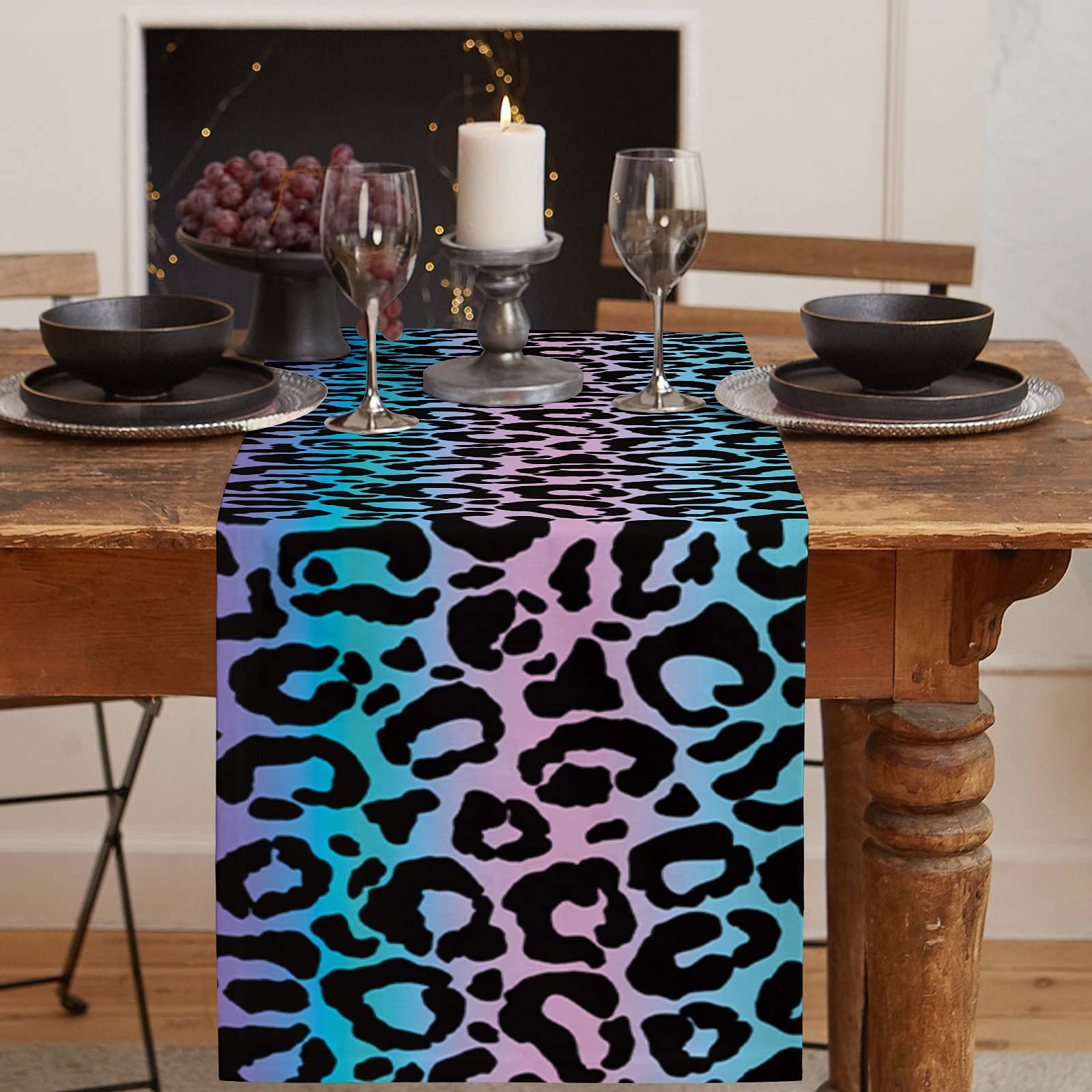 Savannan Gradient Leopard Print Cotton Linen Table Runner - 18x72 Inch Long Kitchen Dining Table Scarf for Home Decor, Family Dinners & Party Gatherings | Perfect for Holiday Entertaining & Everyday Use