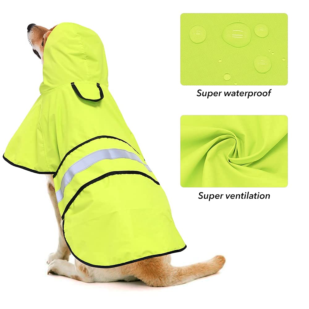 Waterproof Dog Raincoat - Adjustable Lightweight Hooded Rain Poncho for Small to X-Large Dogs & Puppies | Outdoor Walking, Hiking & Rainy Day Protection (Neon Green, Large)