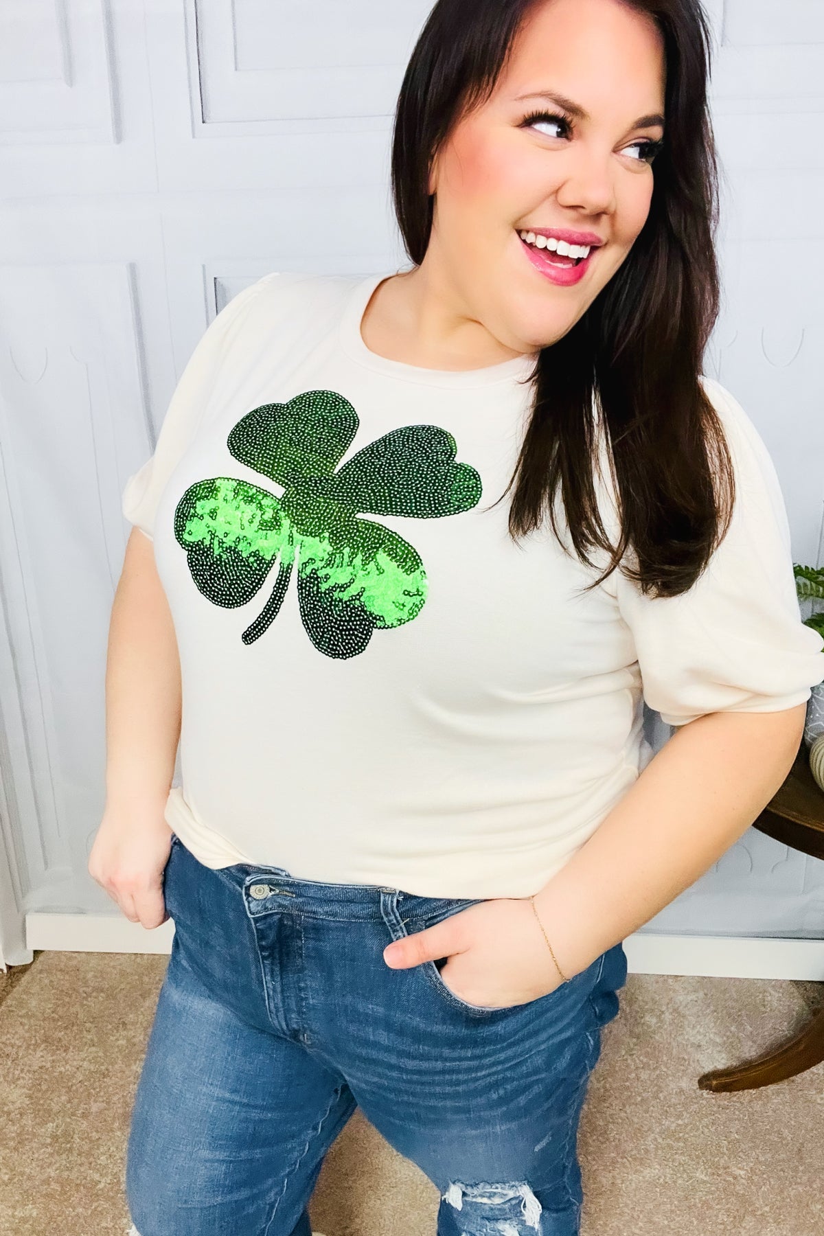 Haptics Saint Patrick's Day Sequin Clover French Terry Puff Sleeve Top for Women | Festive Party & Holiday Outfit