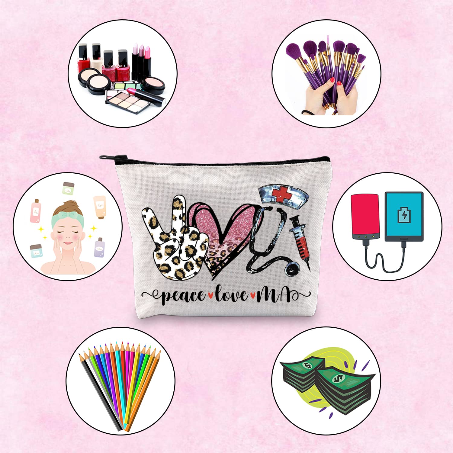 TSOTMO Medical Assistant Gift - Peace Love MA Nurse Zipper Pouch Makeup Bag for Cosmetics & Essentials | Perfect for Nursing Students, Healthcare Workers & Medical Professionals