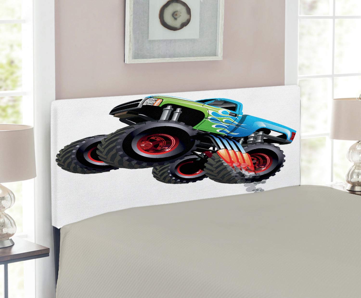 Ambesonne Cars Headboard - Cartoon Monster Truck Themed Upholstered Metal Bed Headboard with Memory Foam, Twin Size, Aqua Green & Black | Perfect for Kids' Room, Teen Bedroom & Race Car Themed Decor