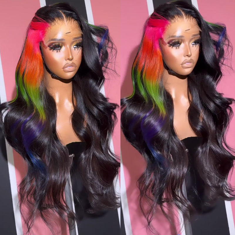 Eullair Multi-Colored Lace Front Wig - Body Wave Human Hair with Blue, Orange & Green Highlights - Pre-Plucked 180% Density Lace Frontal Wigs for Women | Perfect for Cosplay, Parties & Fashion Styling