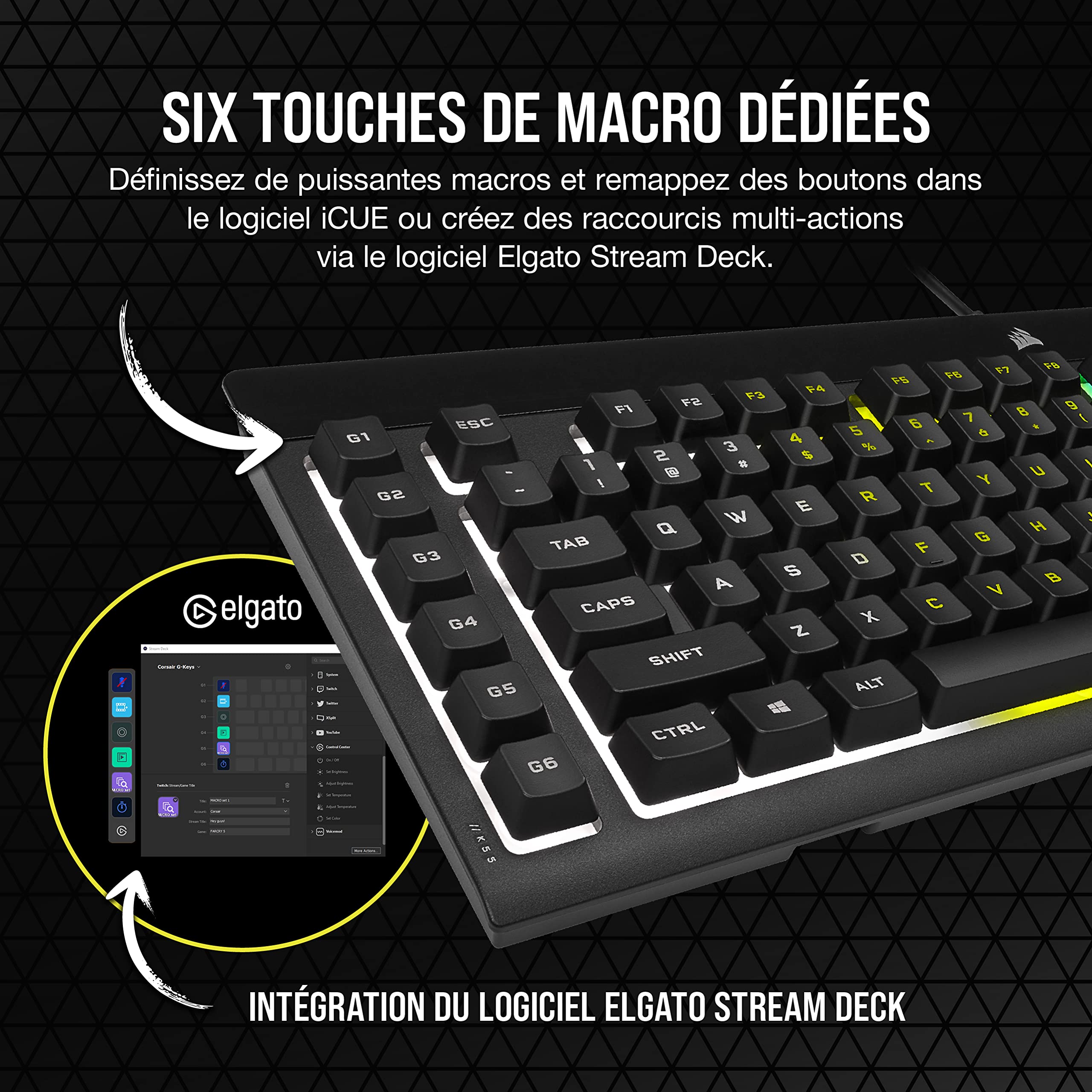 CORSAIR K55 RGB PRO Wired Gaming Keyboard – Membrane Keys, IP42 Dust & Splash Resistant – 6 Dedicated Macro Keys, Elgato Integration – iCUE Compatible – AZERTY FR Layout – for PC, Mac, Xbox – Black – Perfect for Gaming, Streaming & Office Work