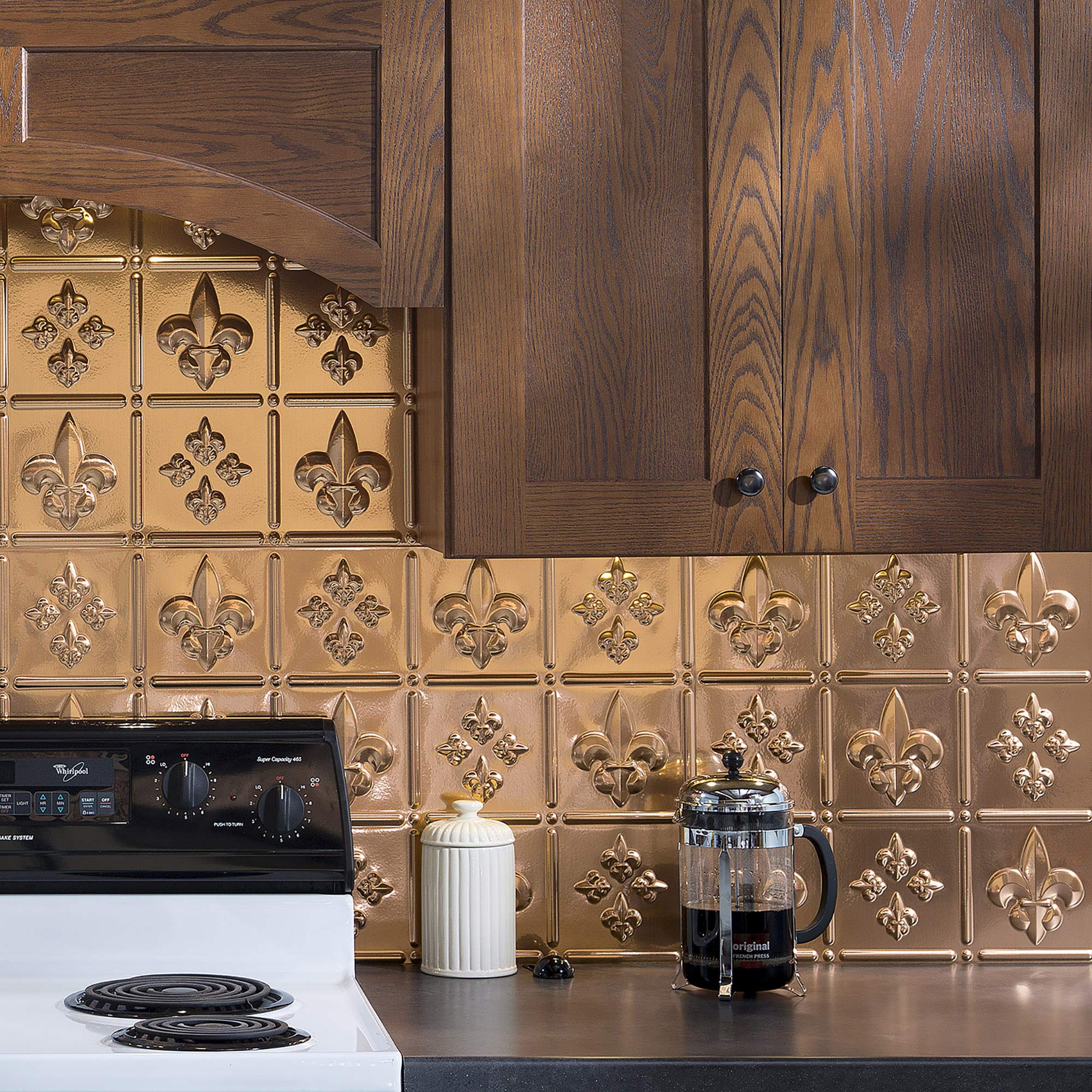 Fleur-de-Lis Decorative Vinyl Backsplash Panel - 18x24 Inch Peel & Stick Wall Decor - Polished Copper Finish (5 Pack) - Perfect for Kitchen Backsplash, Bathroom Accent Wall & Home Decor