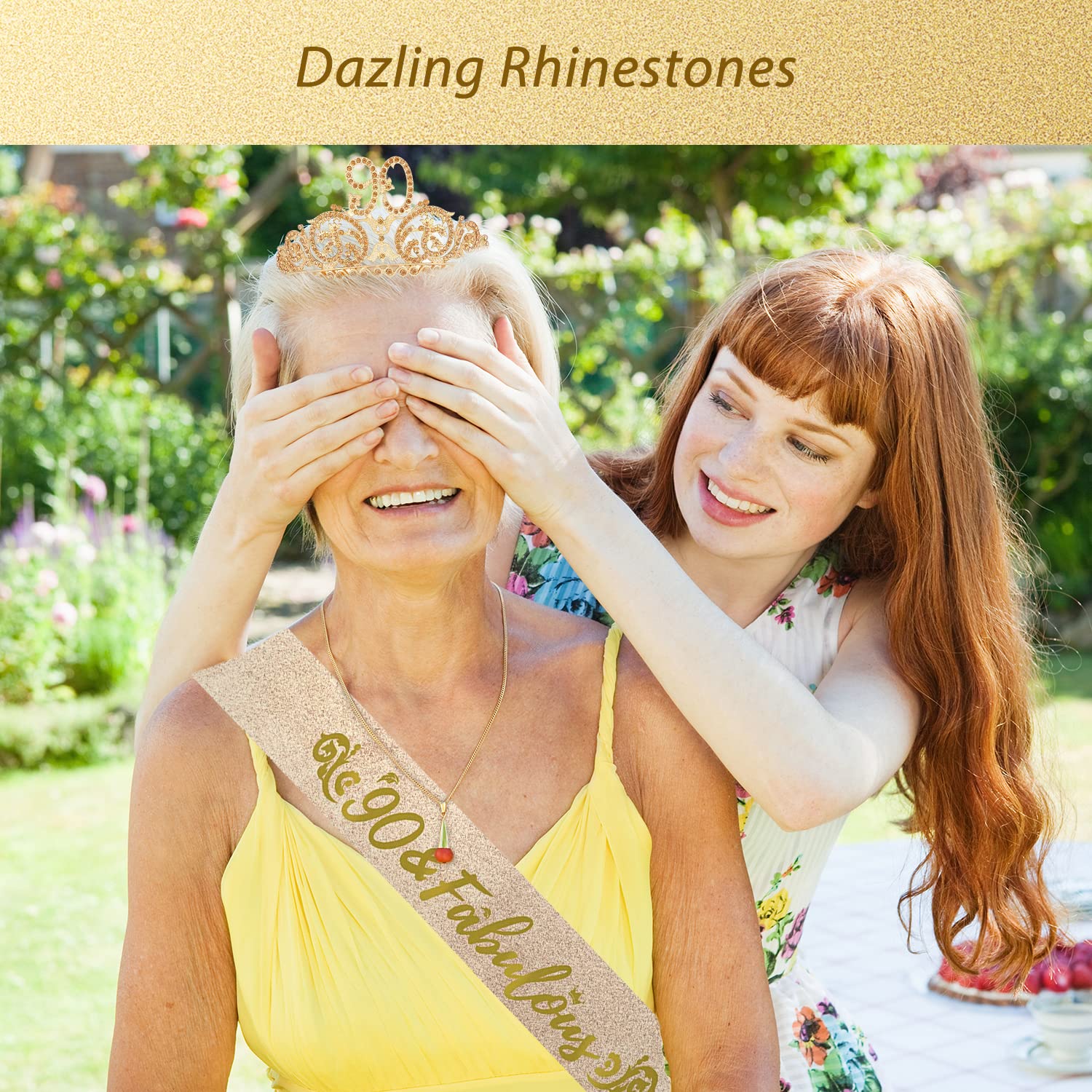90th Birthday Decorations Set for Women - Gold Crown, Tiara & Sash - Perfect 90th Birthday Gifts & Party Supplies - Ideal for Milestone Celebrations, Retirement Parties & Grandmother's Special Day
