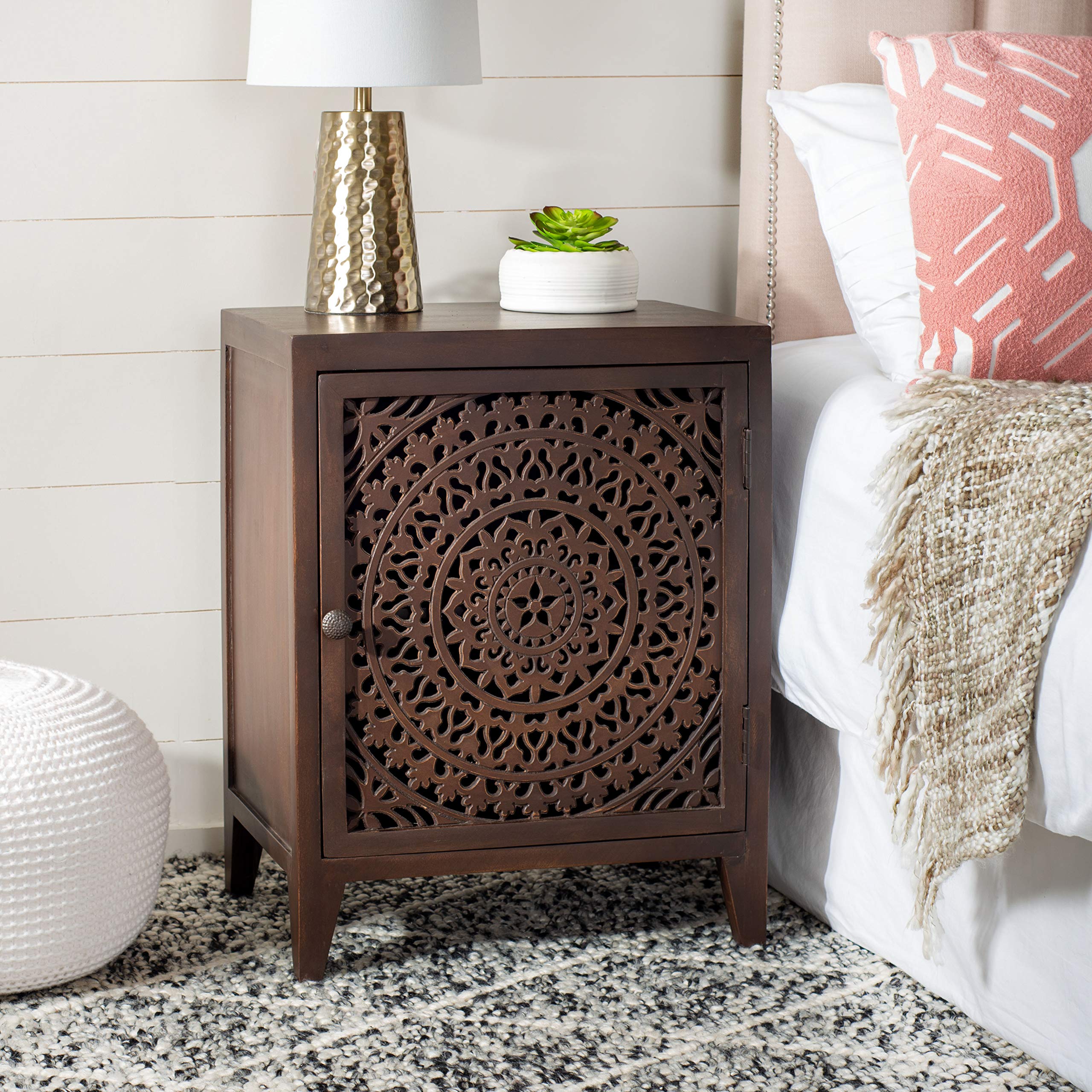 Safavieh Home Thea Brown 1-Door Carved Nightstand - Elegant Bedside Table with Storage for Bedroom Decor & Organization